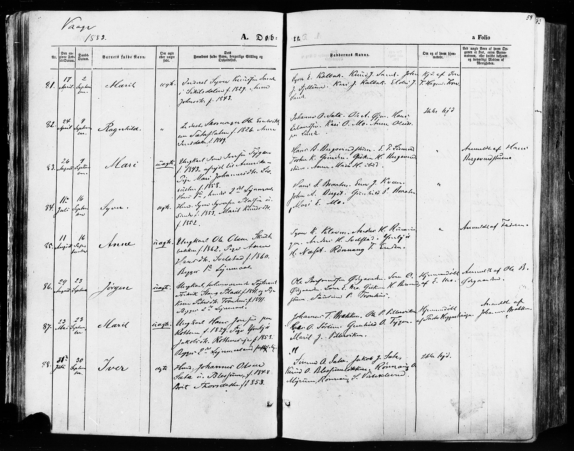 Vågå prestekontor, AV/SAH-PREST-076/H/Ha/Haa/L0007: Ministerialbok nr. 7 /1, 1872-1886, s. 58