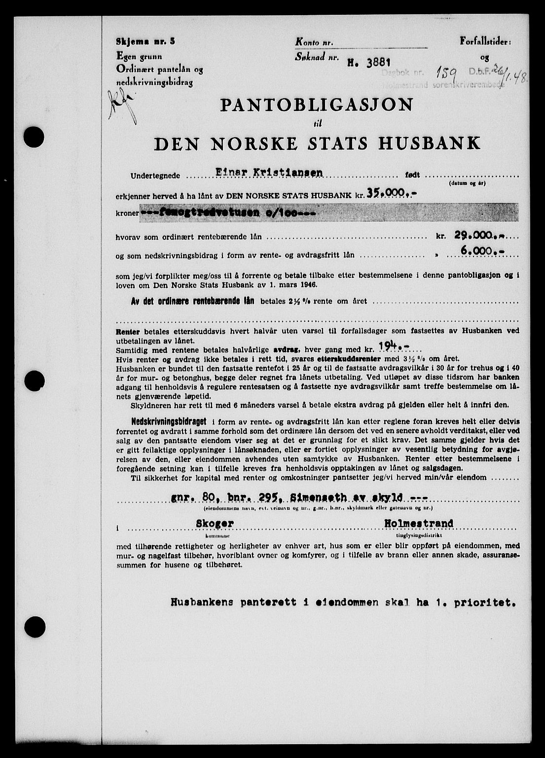 Holmestrand sorenskriveri, SAKO/A-67/G/Ga/Gab/L0058: Pantebok nr. B-58, 1947-1948, Dagboknr: 159/1948
