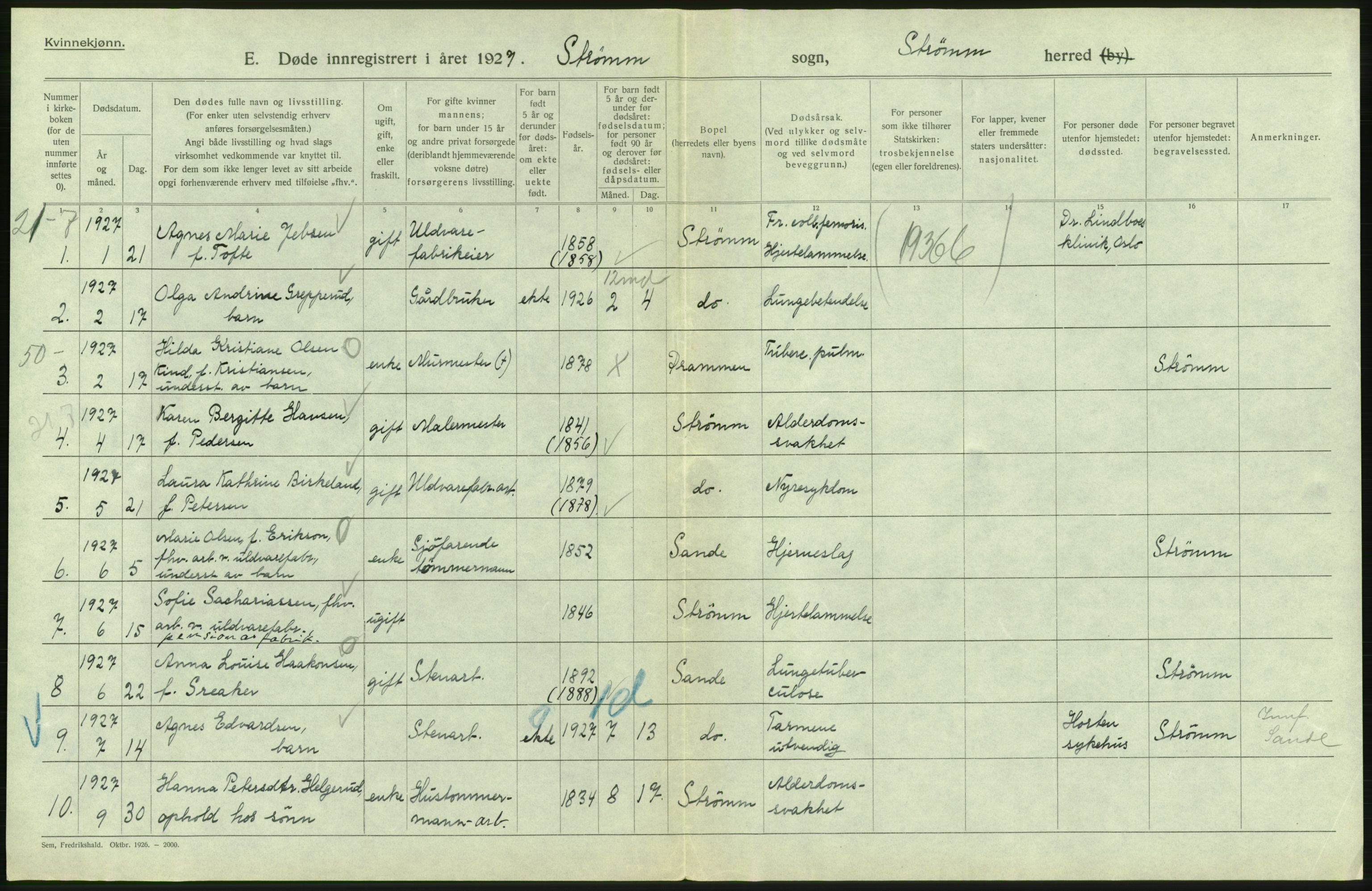 Statistisk sentralbyrå, Sosiodemografiske emner, Befolkning, AV/RA-S-2228/D/Df/Dfc/Dfcg/L0018: Vestfold fylke: Gifte, døde. Bygder og byer., 1927, s. 476