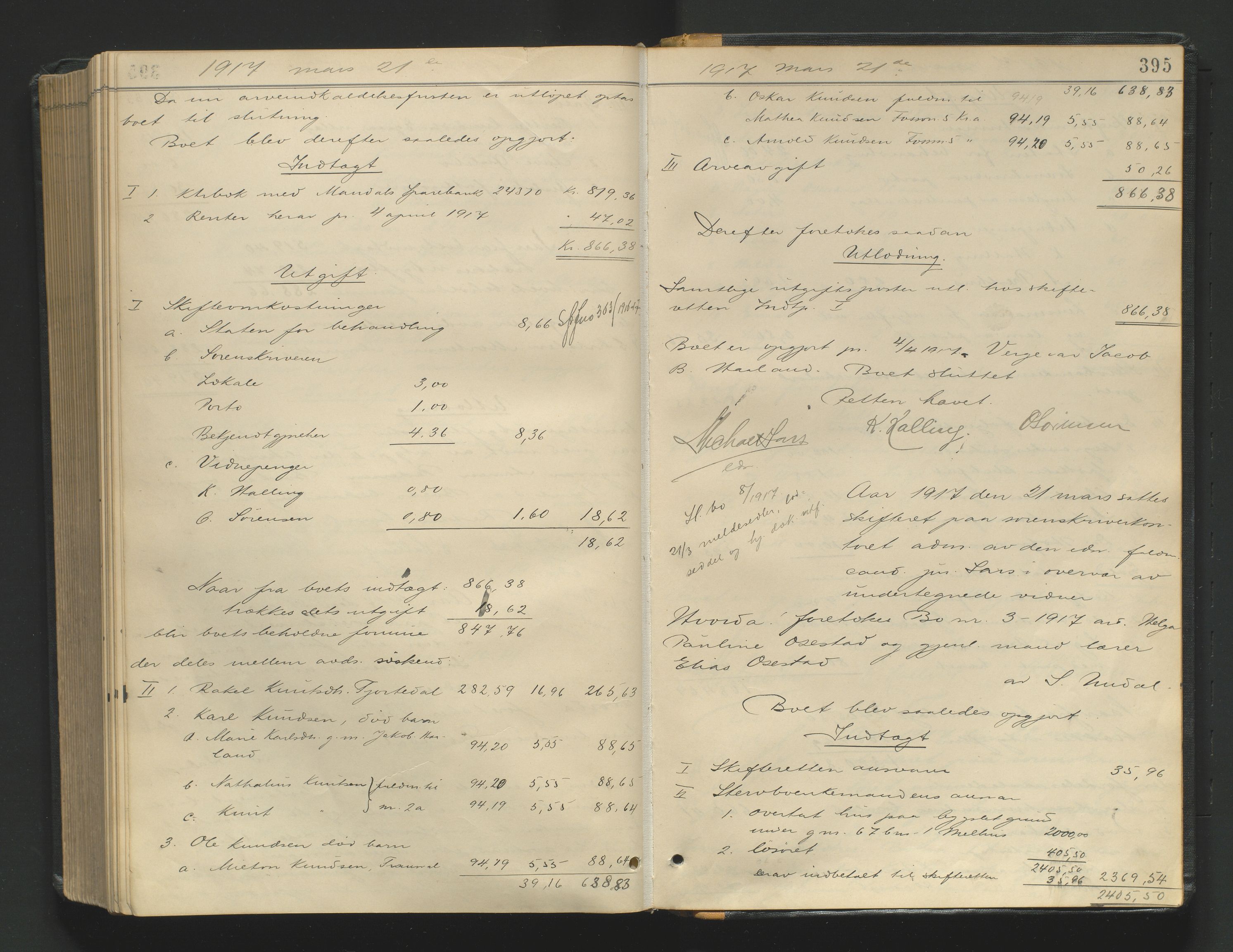 Mandal sorenskriveri, SAK/1221-0005/001/H/Hc/L0098: Skifteutlodningsprotokoll nr 7, 1910-1917, s. 395
