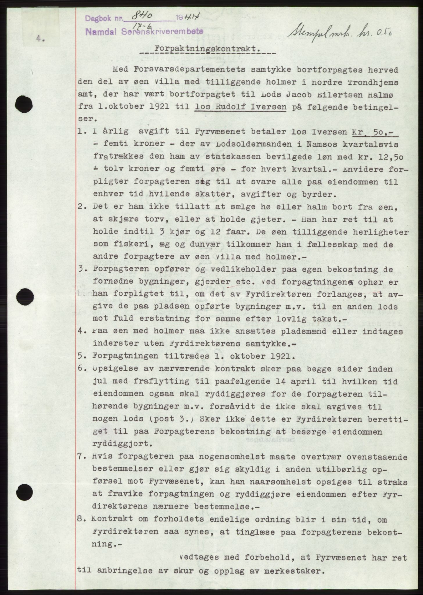 Namdal sorenskriveri, SAT/A-4133/1/2/2C: Pantebok nr. -, 1944-1945, Dagboknr: 840/1944