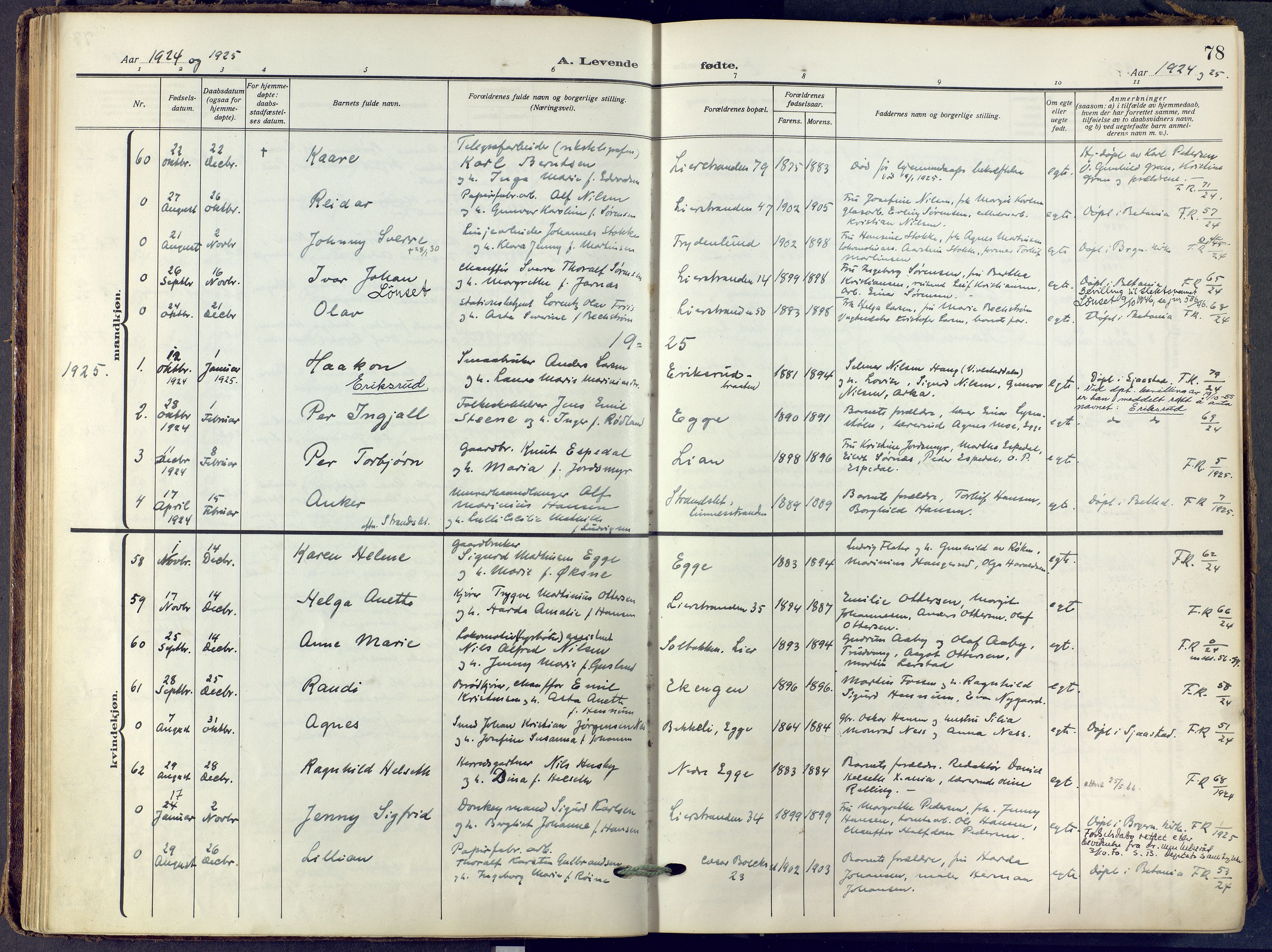 Lier kirkebøker, SAKO/A-230/F/Fa/L0019: Ministerialbok nr. I 19, 1918-1928, s. 78