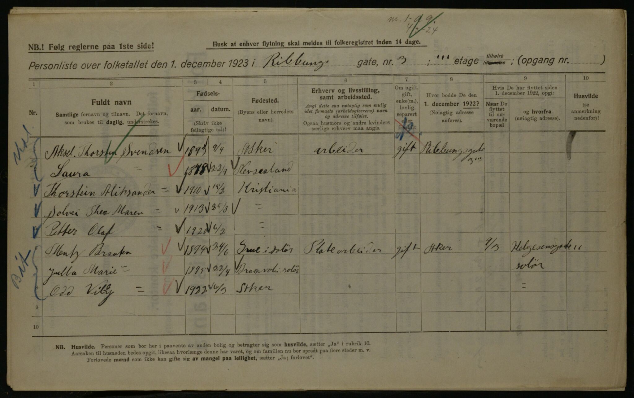 OBA, Kommunal folketelling 1.12.1923 for Kristiania, 1923, s. 91609