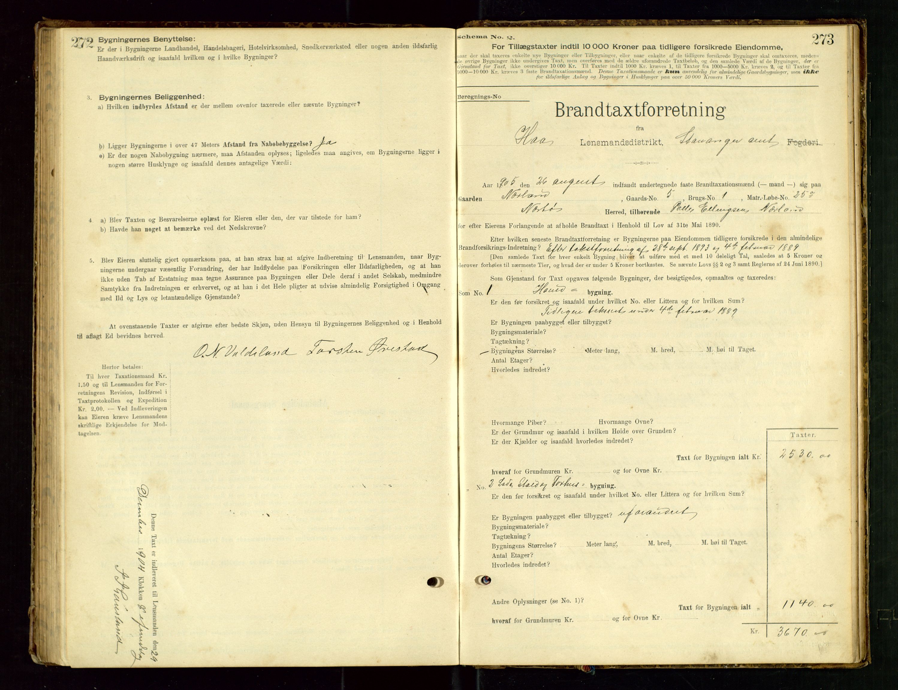 Hå lensmannskontor, SAST/A-100456/Goa/L0003: Takstprotokoll (skjema), 1895-1911, s. 272-273