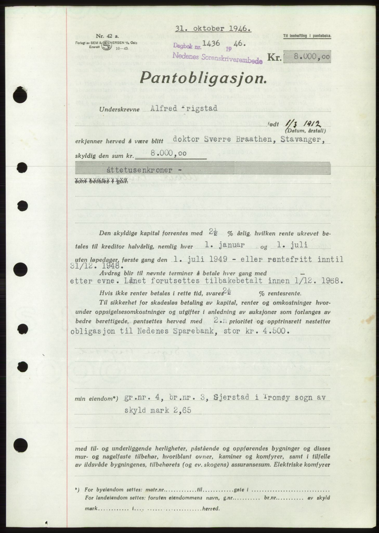 Nedenes sorenskriveri, SAK/1221-0006/G/Gb/Gbb/L0003: Pantebok nr. B3b, 1946-1946, Dagboknr: 1436/1946