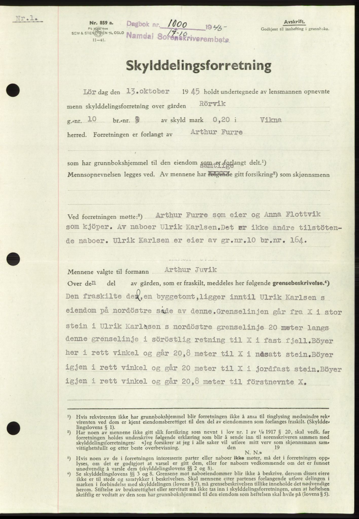 Namdal sorenskriveri, SAT/A-4133/1/2/2C: Pantebok nr. -, 1944-1945, Dagboknr: 1000/1945