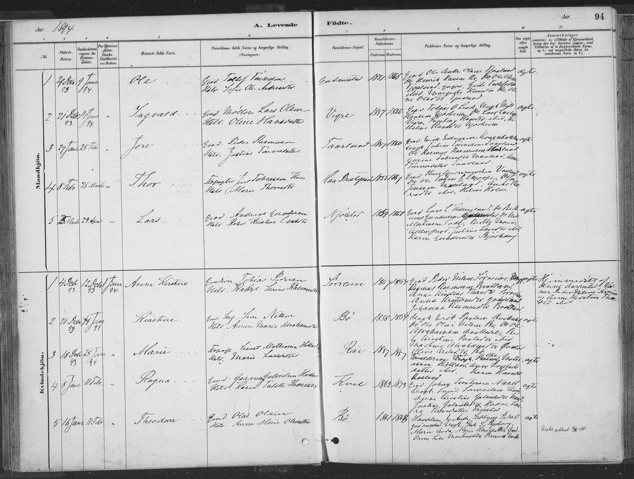 Hå sokneprestkontor, AV/SAST-A-101801/001/30BA/L0010: Ministerialbok nr. A 9, 1879-1896, s. 94