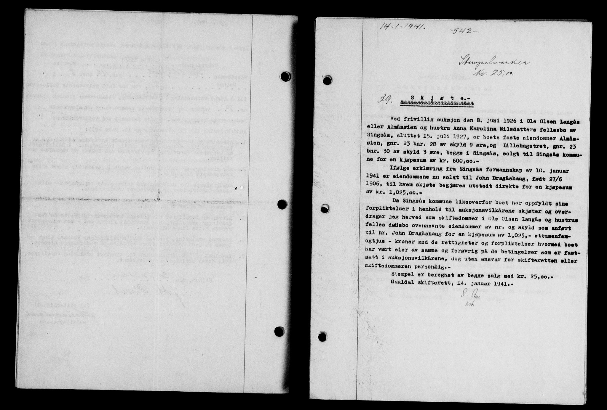 Gauldal sorenskriveri, SAT/A-0014/1/2/2C/L0052: Pantebok nr. 57, 1940-1941, Dagboknr: 39/1941