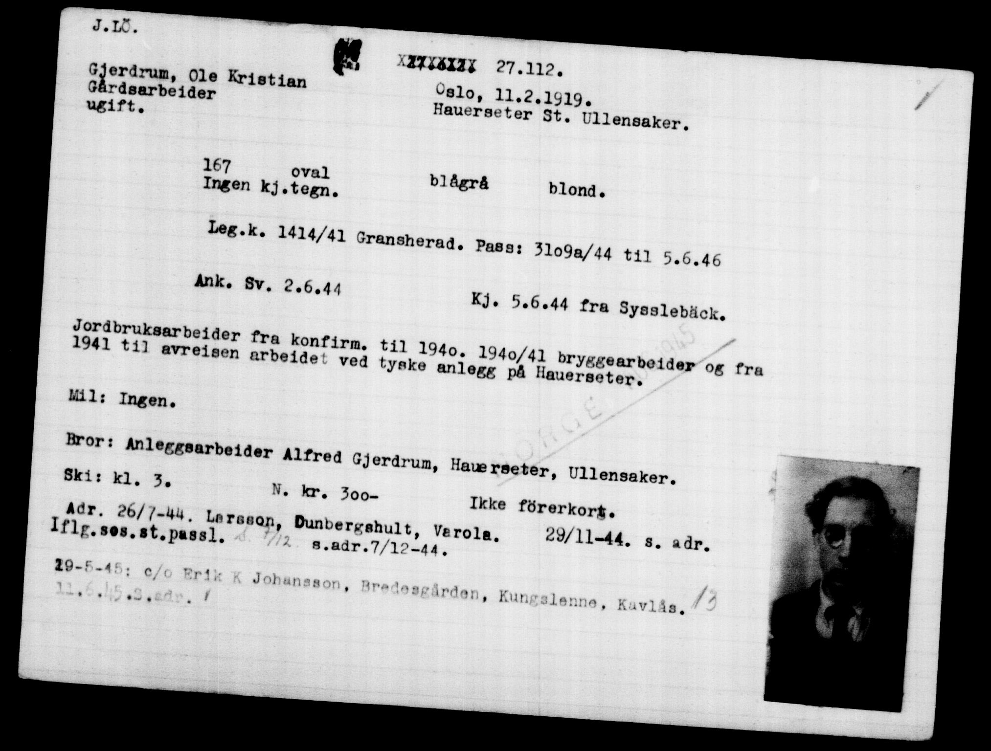 Utenriksstasjonene, Legasjonen i Stockholm, Flyktningkontoret, AV/RA-S-6753/V/Va/L0011: Kjesäterkartoteket, flyktninger med registreringsnr. 25300-28349, 1940-1945, s. 1912
