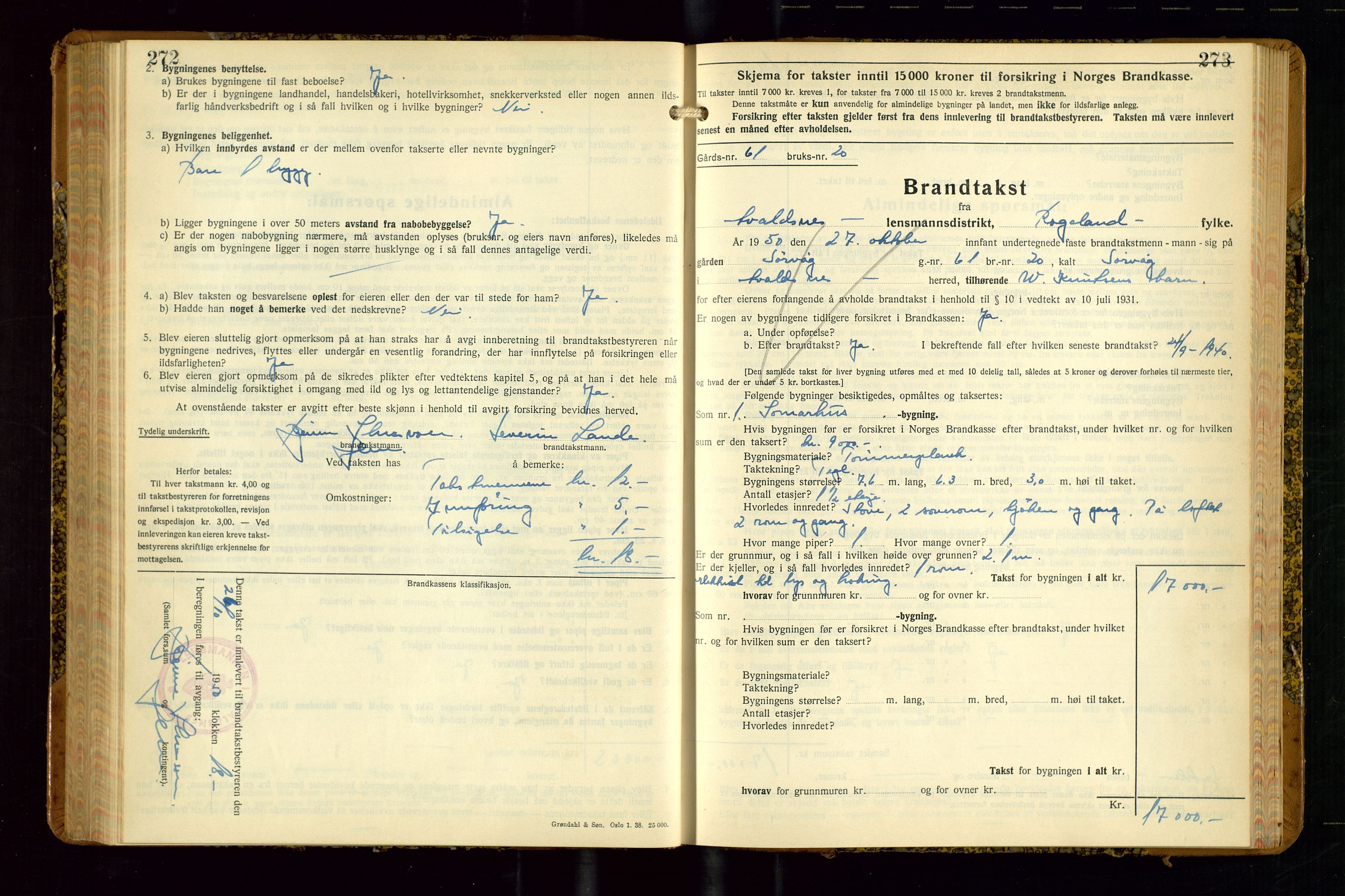 Avaldsnes lensmannskontor, AV/SAST-A-100286/Gob/L0002: "Branntakstprotokoll for Avaldsnes lensmannsdistrikt Rogaland fylke", 1940-1950, s. 272-273