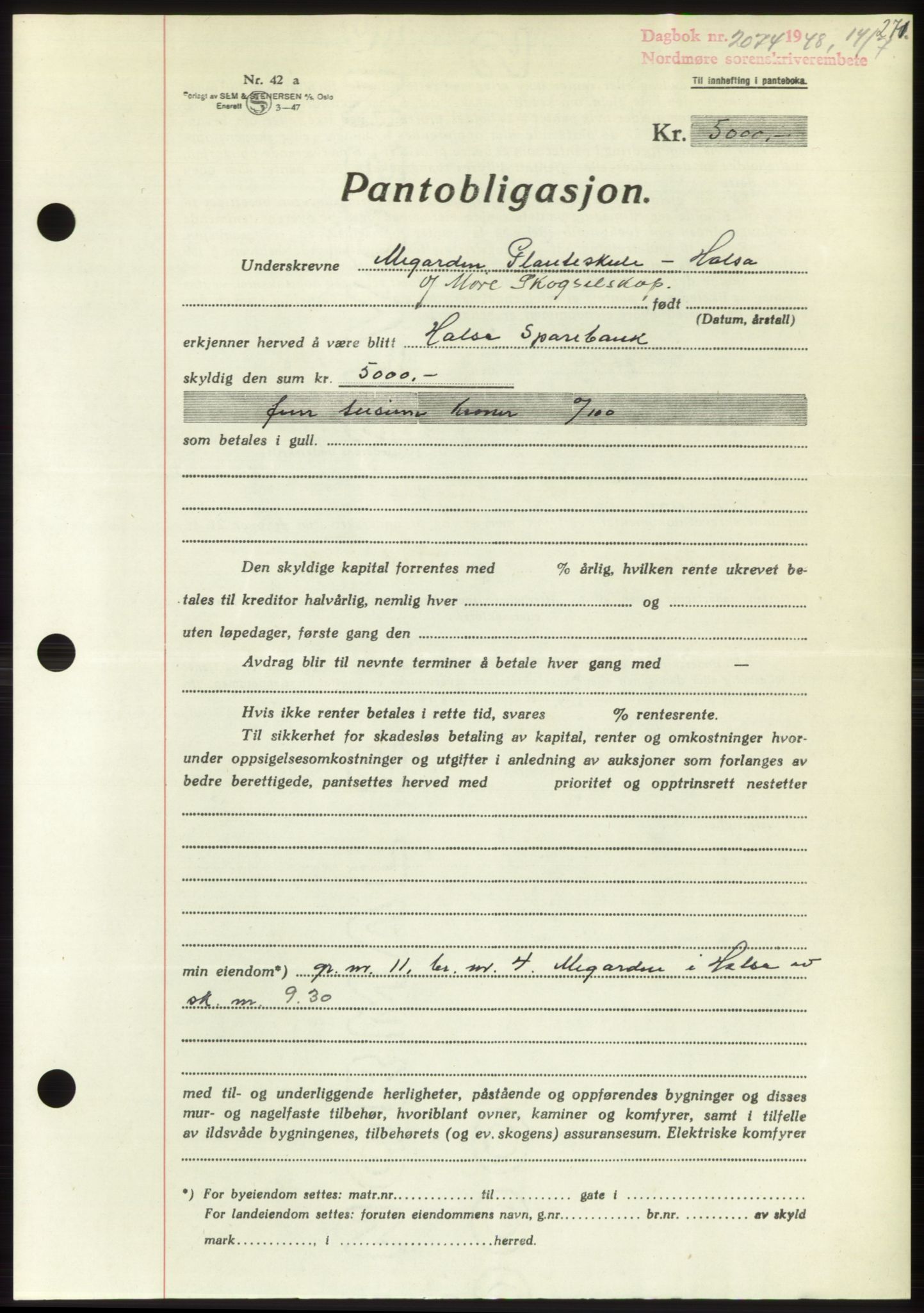 Nordmøre sorenskriveri, AV/SAT-A-4132/1/2/2Ca: Pantebok nr. B99, 1948-1948, Dagboknr: 2074/1948