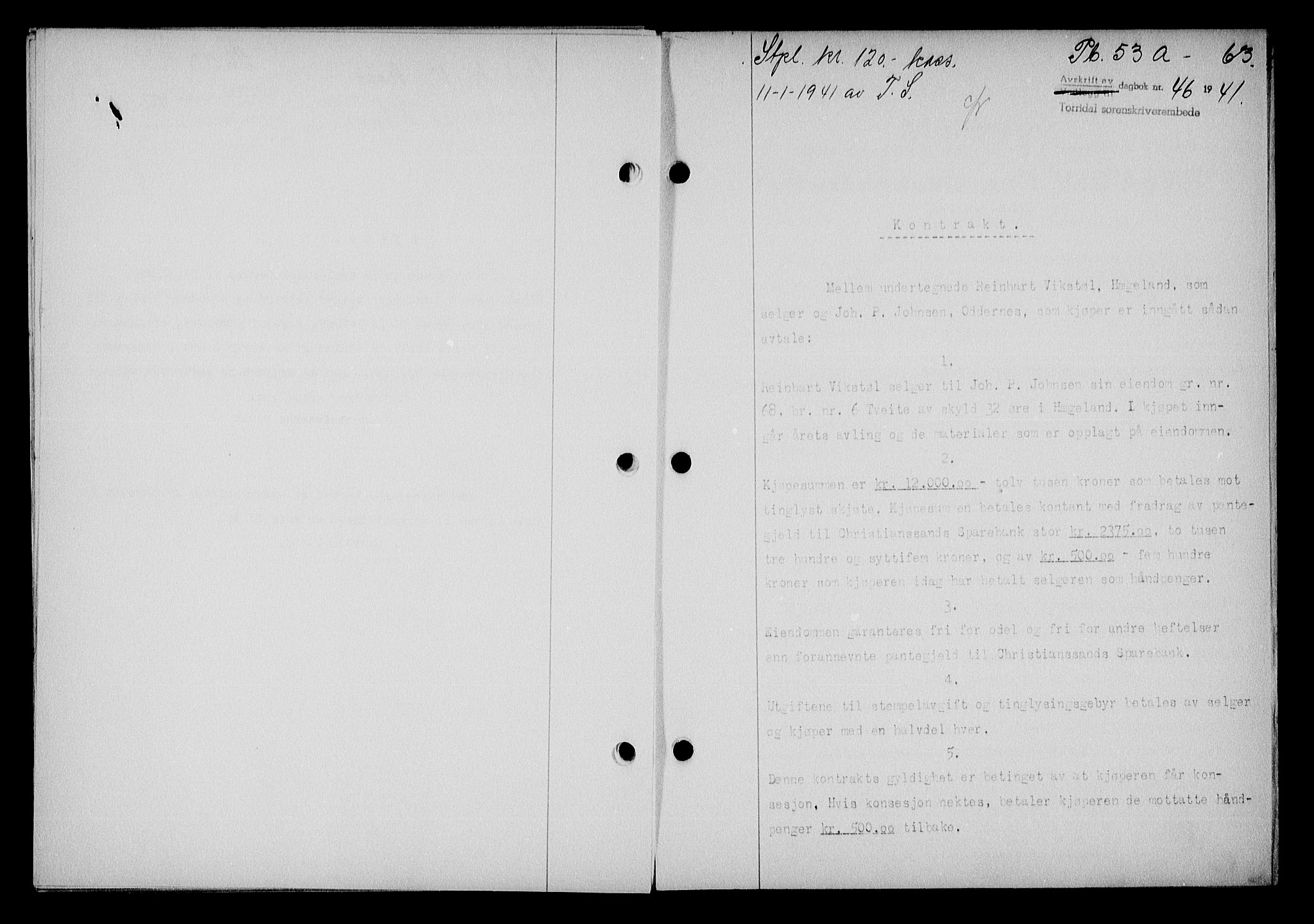 Torridal sorenskriveri, SAK/1221-0012/G/Gb/Gba/L0054: Pantebok nr. 53a, 1940-1941, Dagboknr: 46/1941