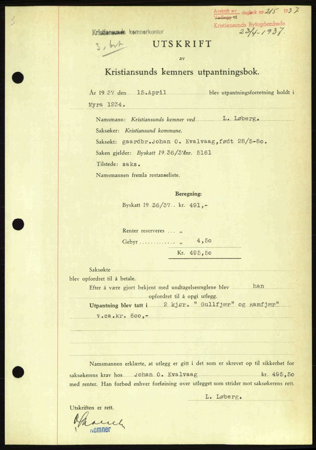 Kristiansund byfogd, SAT/A-4587/A/27: Pantebok nr. 29, 1936-1937, Dagboknr: 215/1937