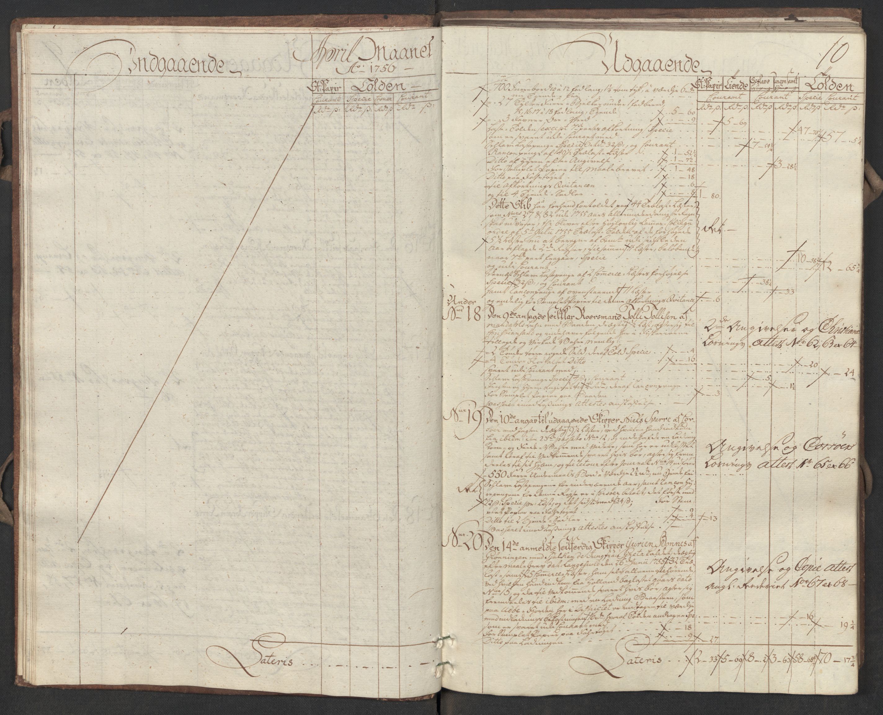 Generaltollkammeret, tollregnskaper, RA/EA-5490/R17/L0017/0002: Tollregnskaper Mandal / Utgående hovedtollbok, 1756, s. 9b-10a