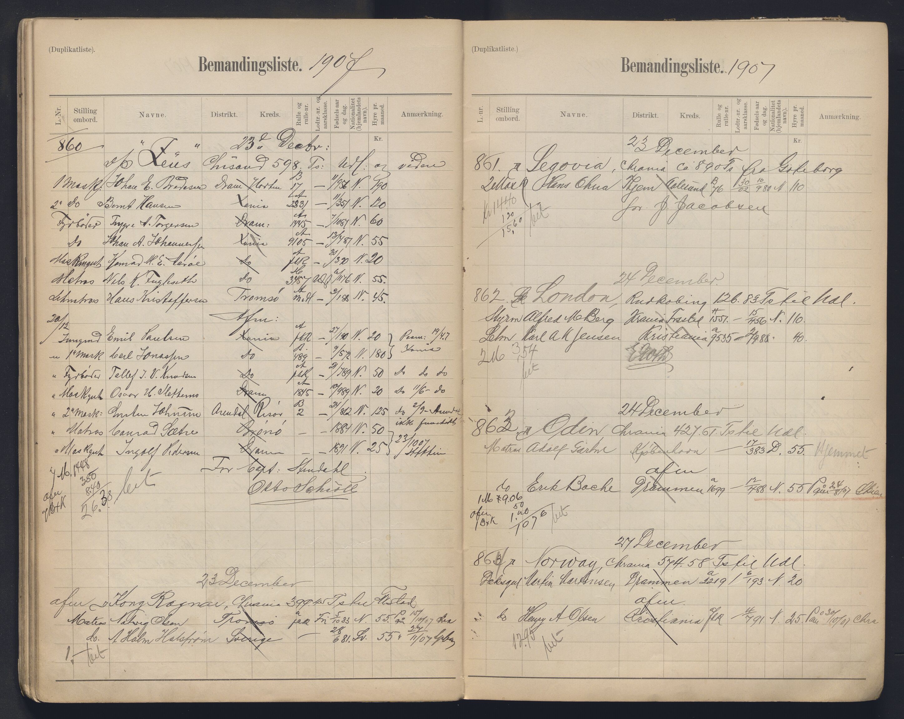 Oslo mønstringskontor, AV/SAO-A-10569g/G/Ga/L0011: Mønstringsjournal, 1907-1909