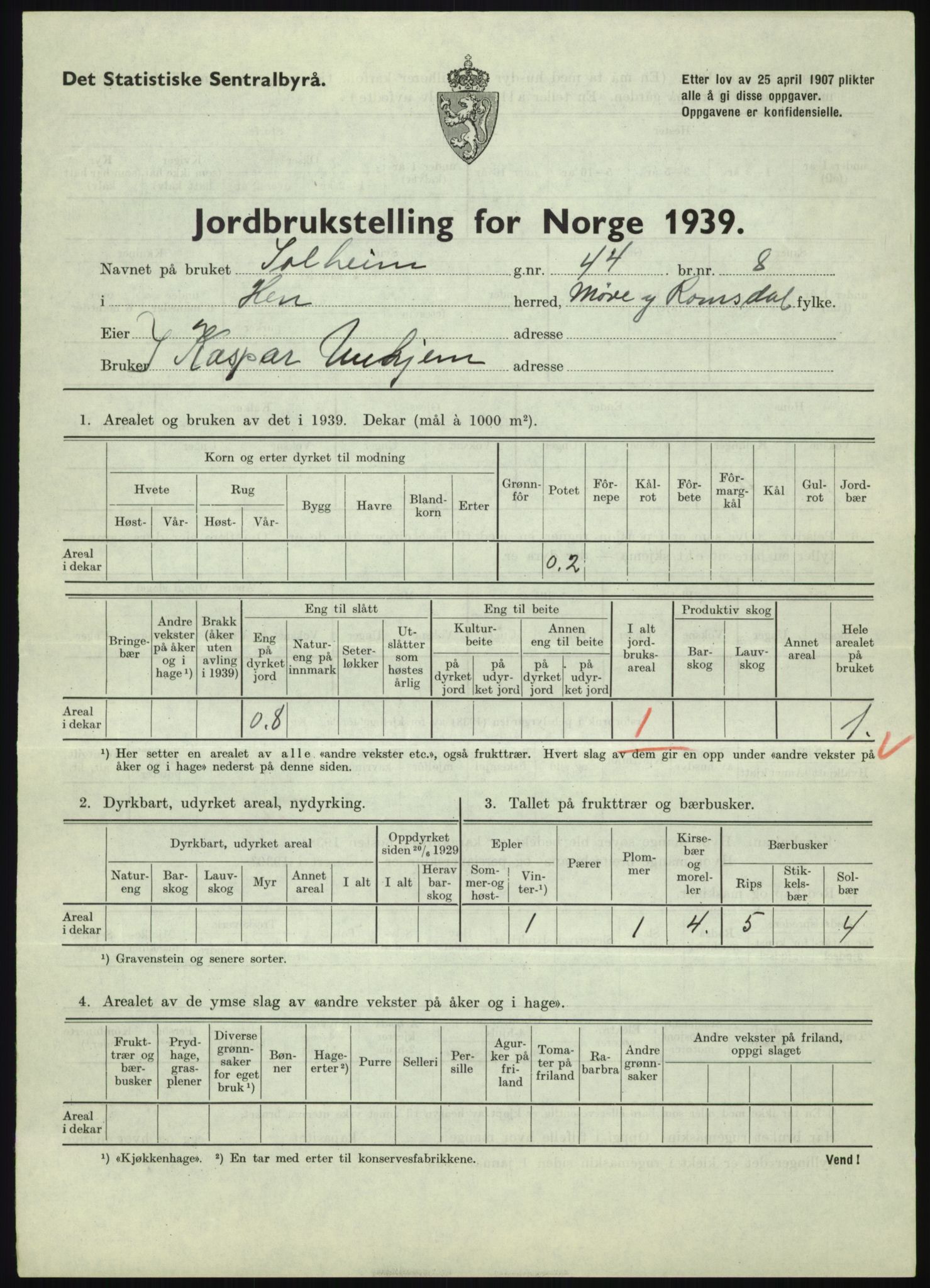 Statistisk sentralbyrå, Næringsøkonomiske emner, Jordbruk, skogbruk, jakt, fiske og fangst, AV/RA-S-2234/G/Gb/L0251: Møre og Romsdal: Voll, Eid, Grytten og Hen, 1939, s. 1049