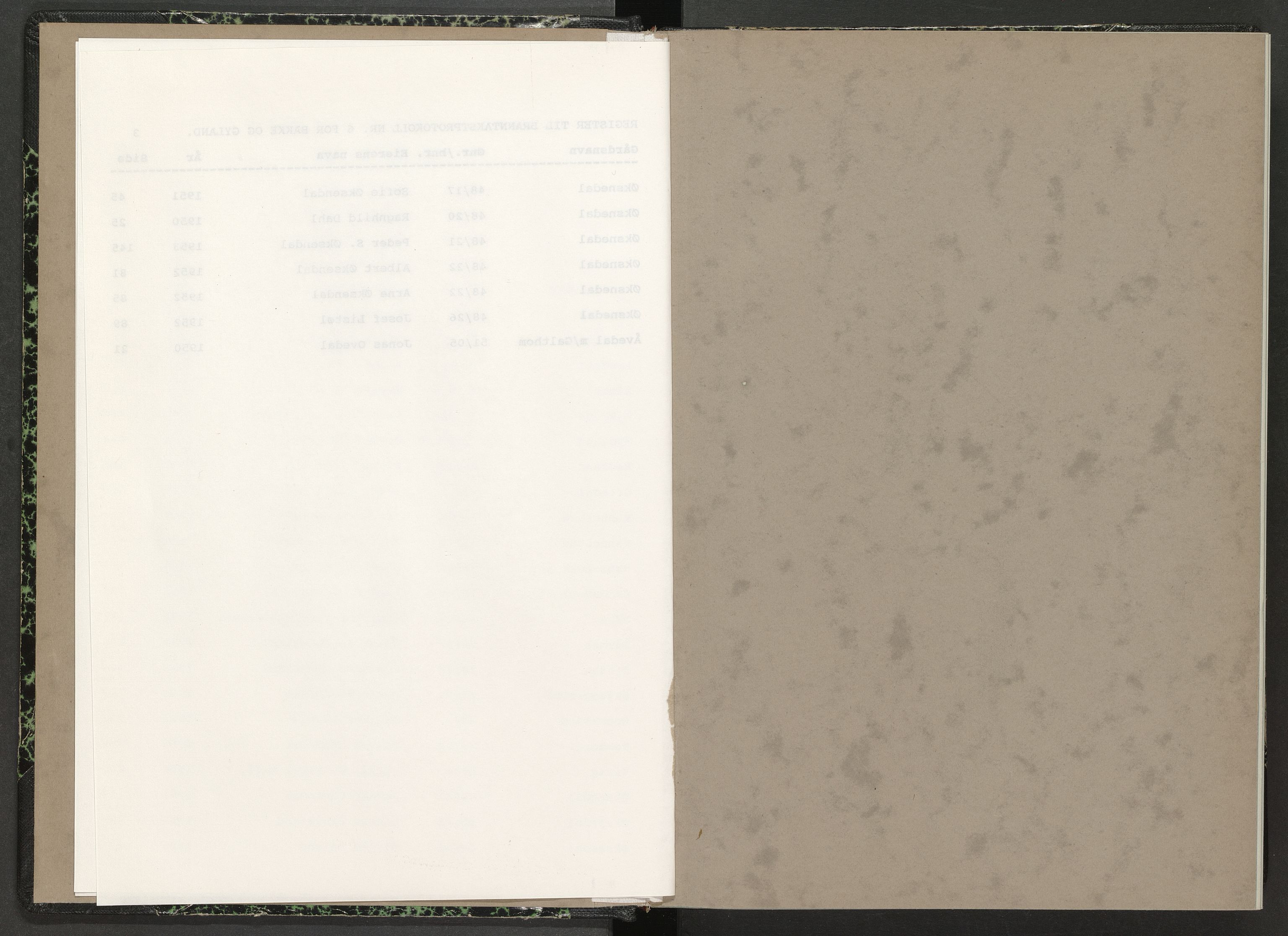 Norges Brannkasse Bakke og Gyland, AV/SAK-2241-0003/F/Fa/L0007: Branntakstprotokoll nr. 6 med gårdsnavnregister, 1950-1955