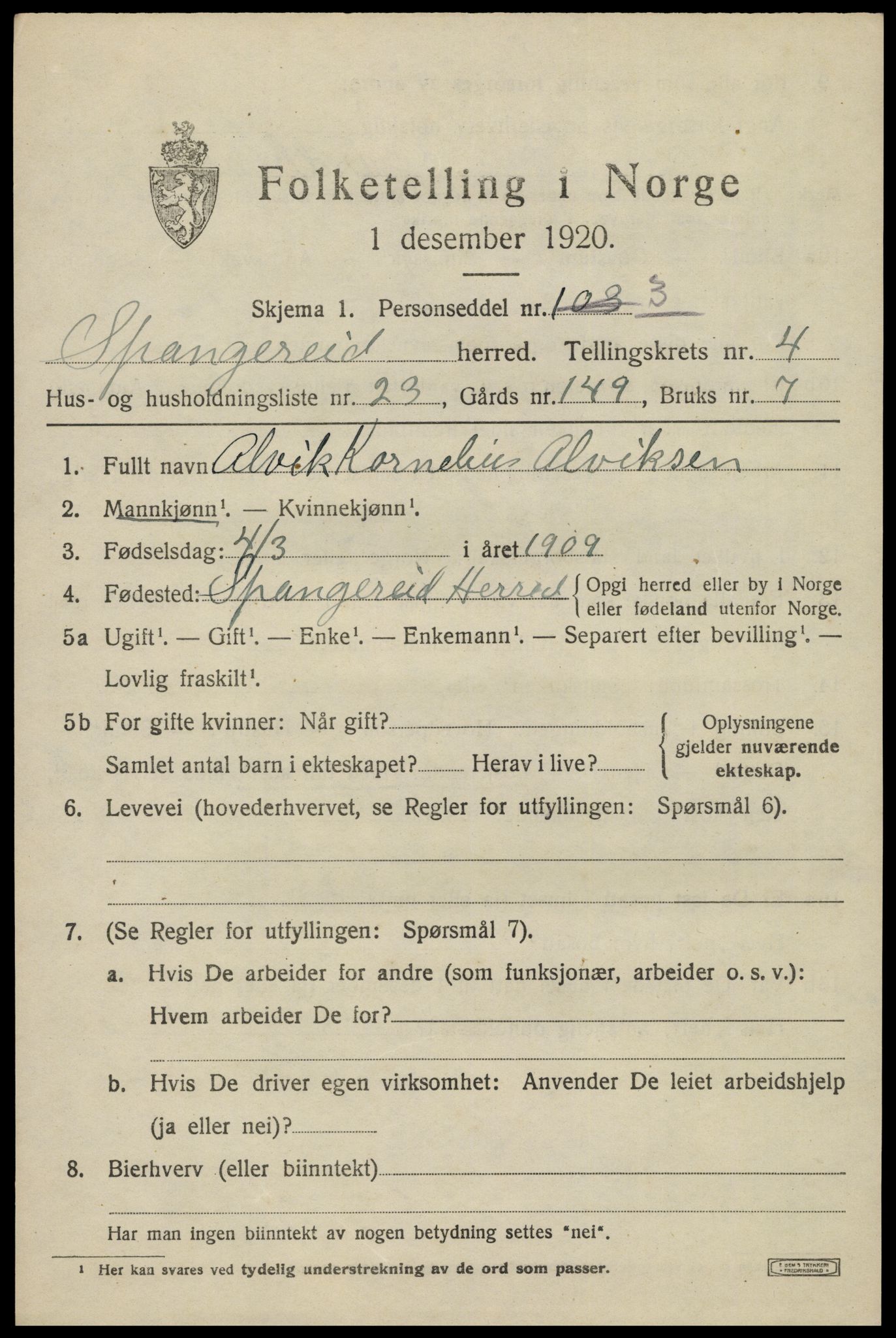 SAK, Folketelling 1920 for 1030 Spangereid herred, 1920, s. 1723