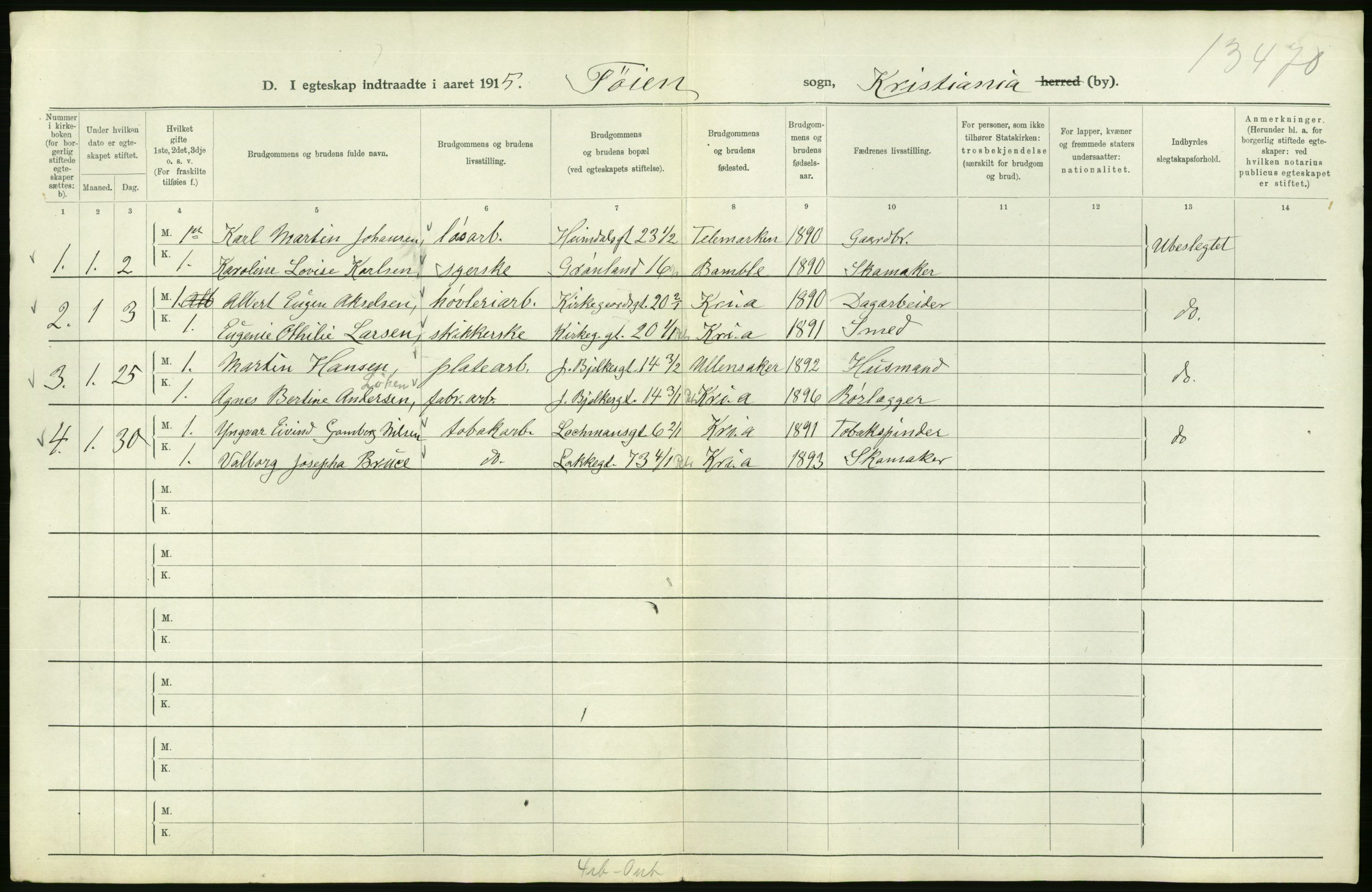 Statistisk sentralbyrå, Sosiodemografiske emner, Befolkning, RA/S-2228/D/Df/Dfb/Dfbe/L0008: Kristiania: Gifte., 1915, s. 708