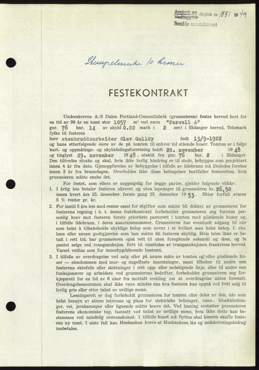 Bamble sorenskriveri, SAKO/A-214/G/Ga/Gag/L0015: Pantebok nr. A-15, 1949-1949, Dagboknr: 1551/1949