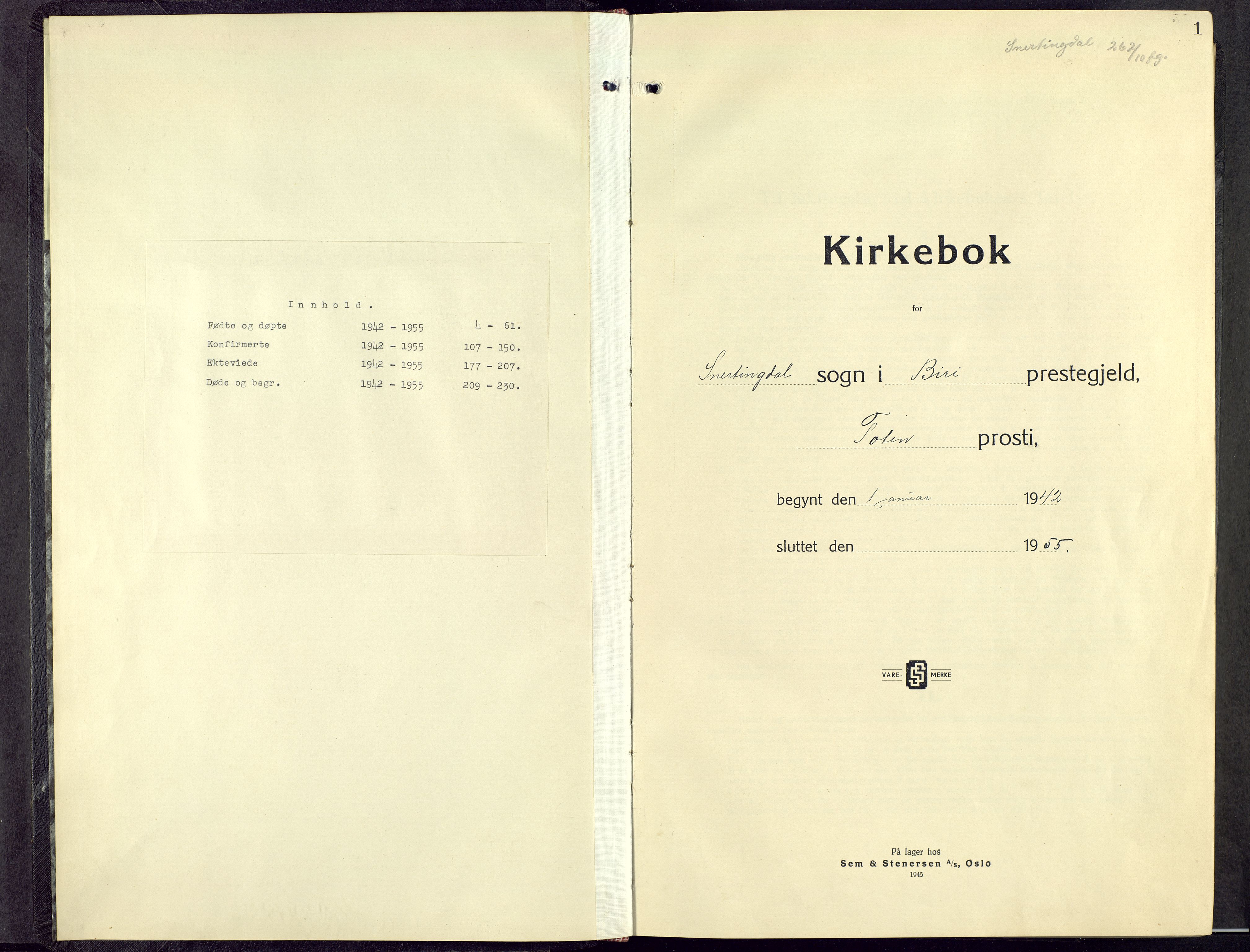 Biri prestekontor, SAH/PREST-096/H/Ha/Hab/L0009: Klokkerbok nr. 9, 1942-1955, s. 1