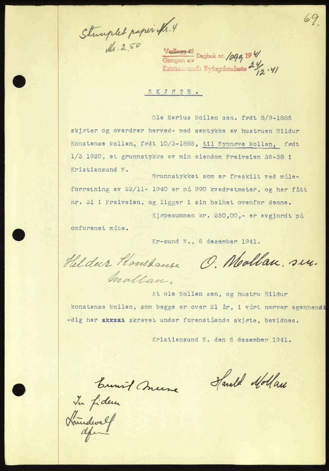 Kristiansund byfogd, AV/SAT-A-4587/A/27: Pantebok nr. 34, 1941-1945, Dagboknr: 1099/1941