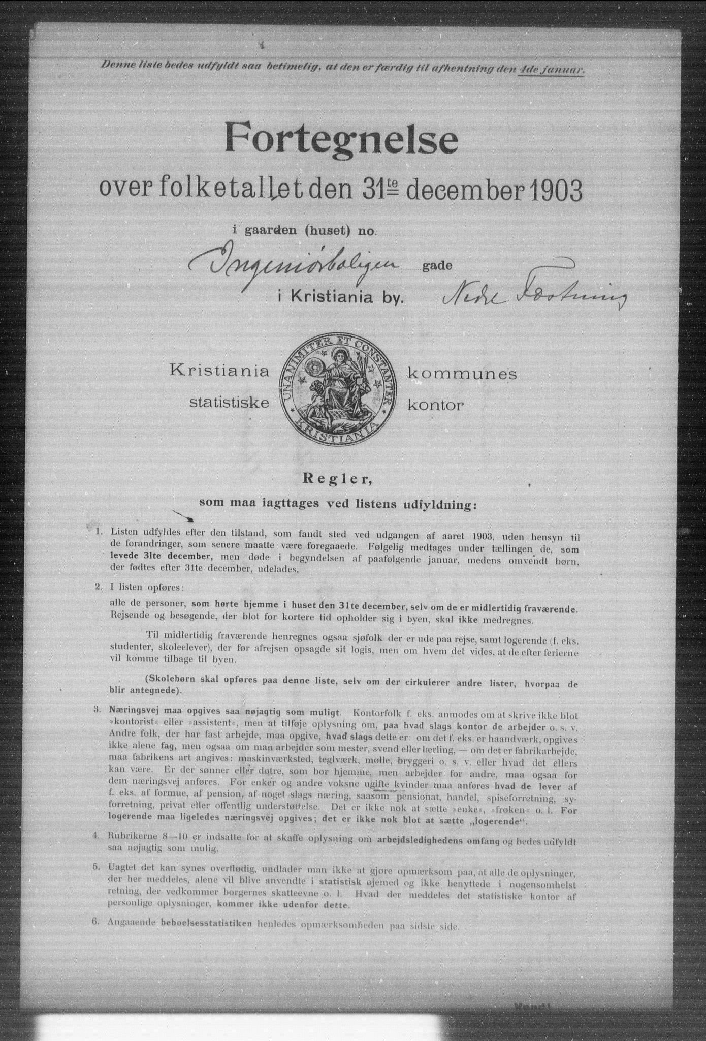 OBA, Kommunal folketelling 31.12.1903 for Kristiania kjøpstad, 1903, s. 209
