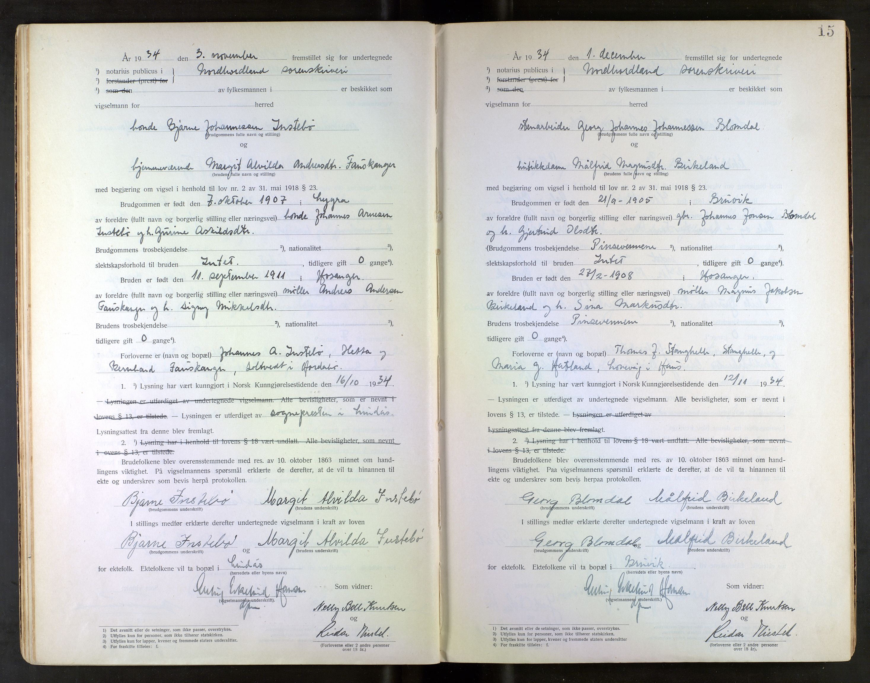 Nordhordland sorenskrivar, AV/SAB-A-2901/1/M/Mb/Mba/L0001: Vigselbøker, 1921-1942, s. 15