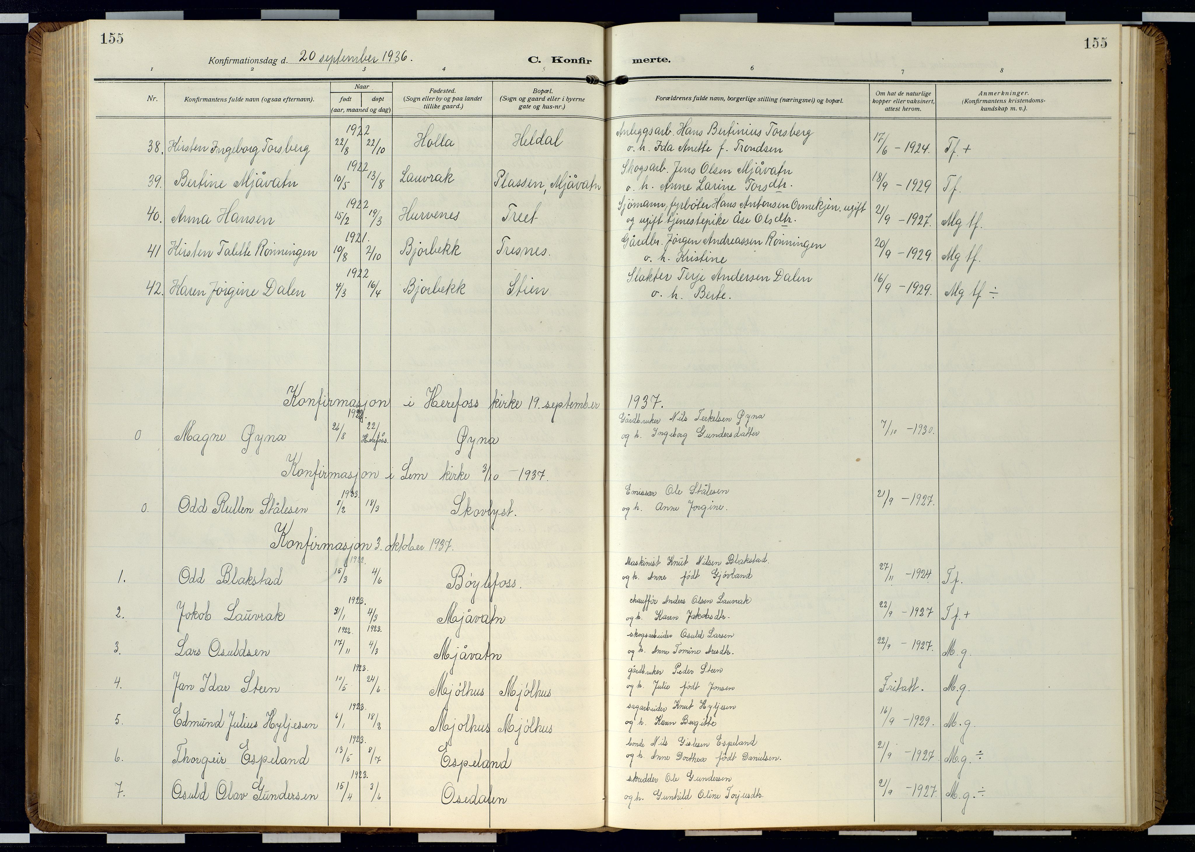 Froland sokneprestkontor, AV/SAK-1111-0013/F/Fb/L0011: Klokkerbok nr. B 11, 1921-1947, s. 155