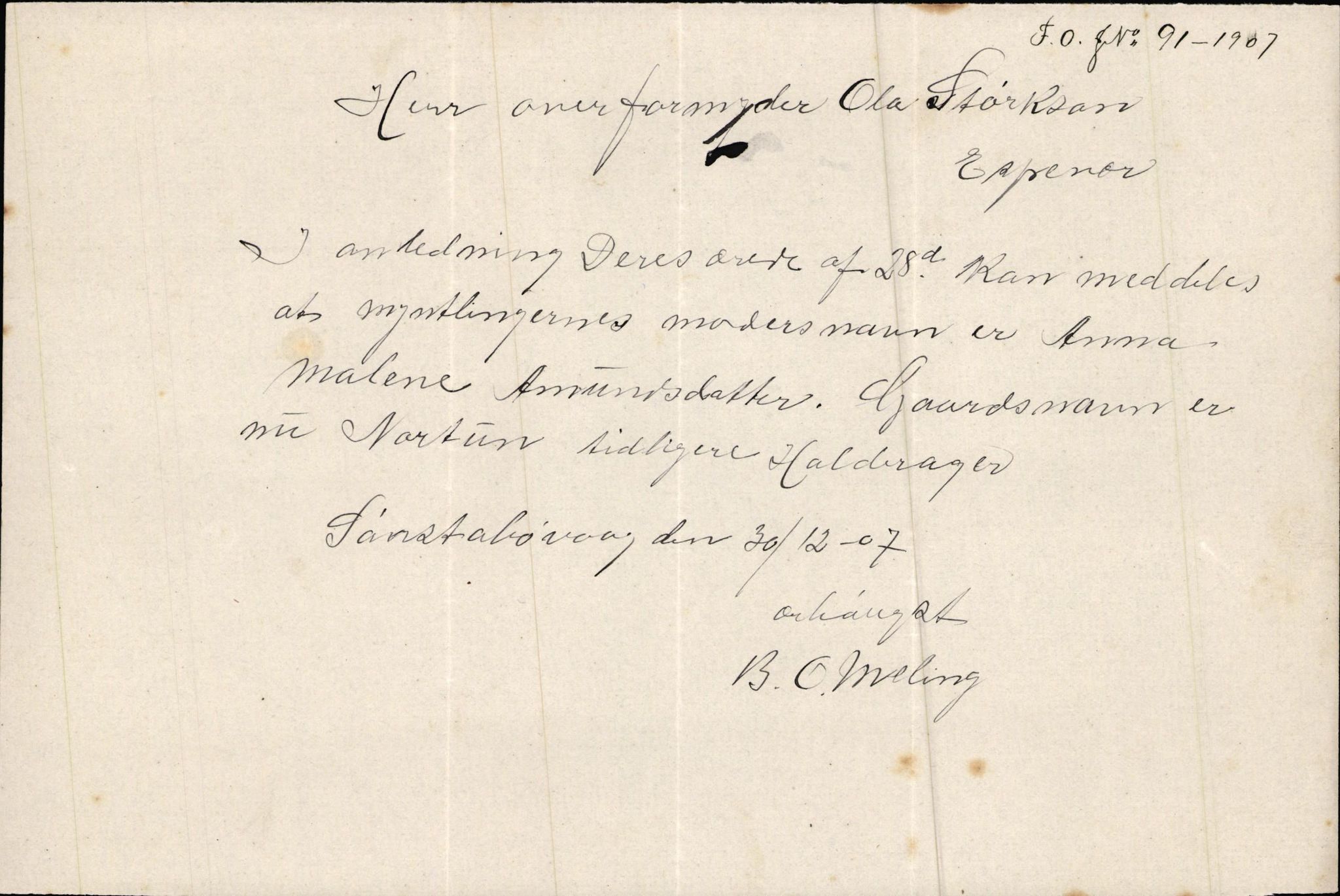 Finnaas kommune. Overformynderiet, IKAH/1218a-812/D/Da/Daa/L0002/0003: Kronologisk ordna korrespondanse / Kronologisk ordna korrespondanse, 1905-1909, s. 100