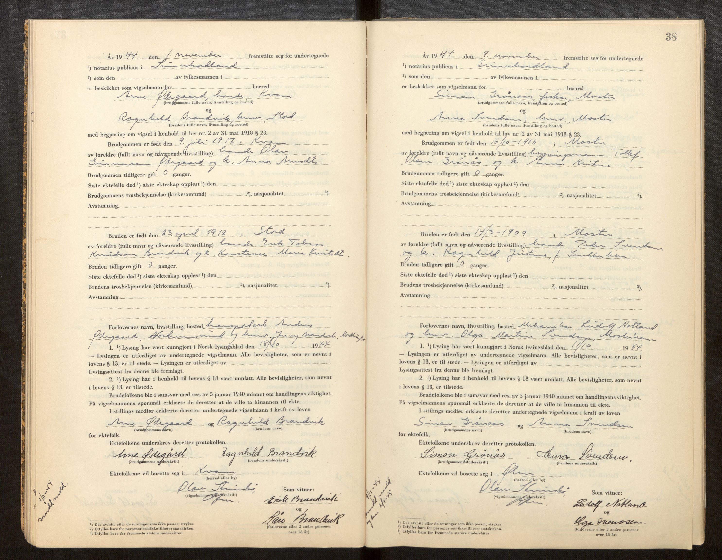 Sunnhordland sorenskrivar, AV/SAB-A-2401/2/I/Ia/L0002: Vigselsbok, 1943-1969, s. 37b-38a