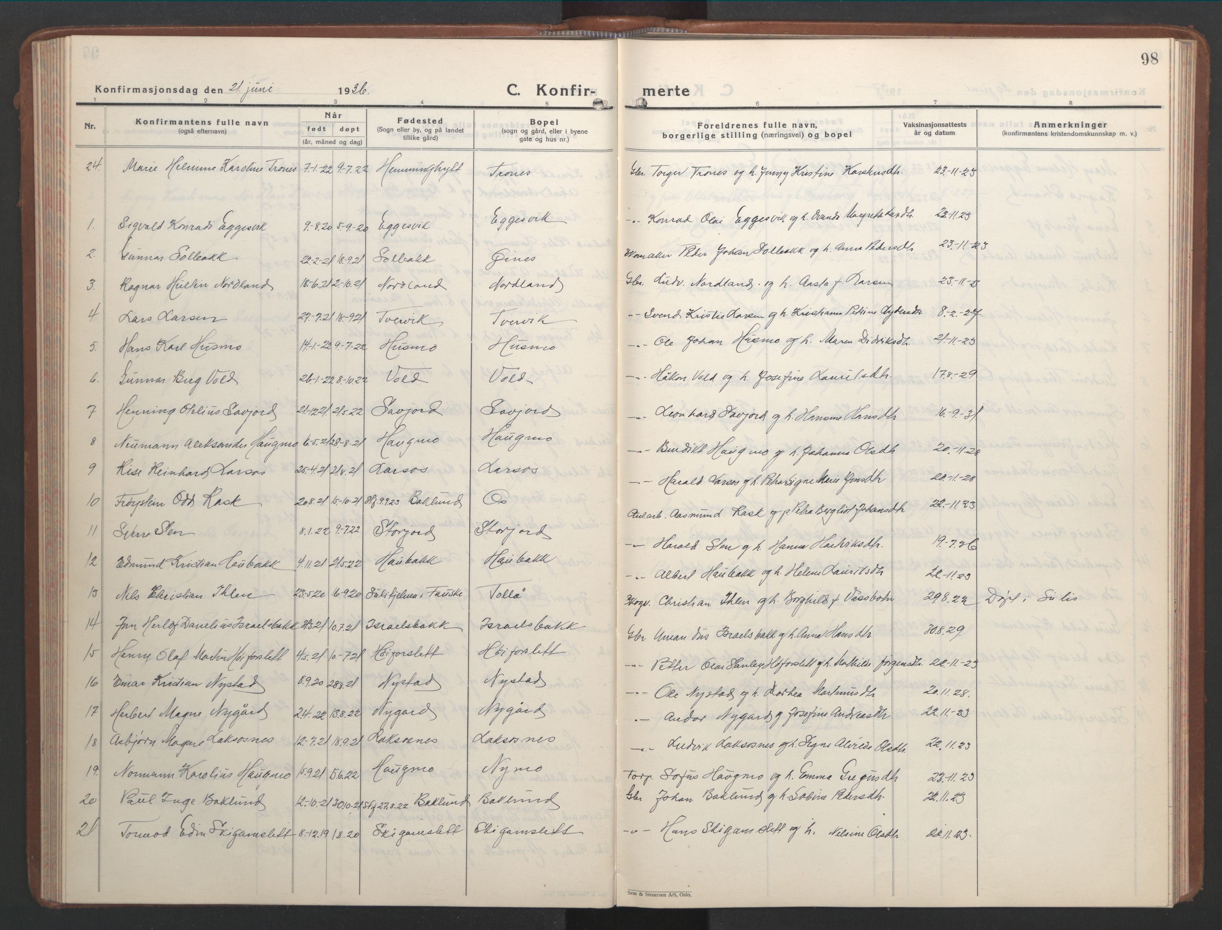 Ministerialprotokoller, klokkerbøker og fødselsregistre - Nordland, AV/SAT-A-1459/846/L0657: Klokkerbok nr. 846C07, 1936-1952, s. 98