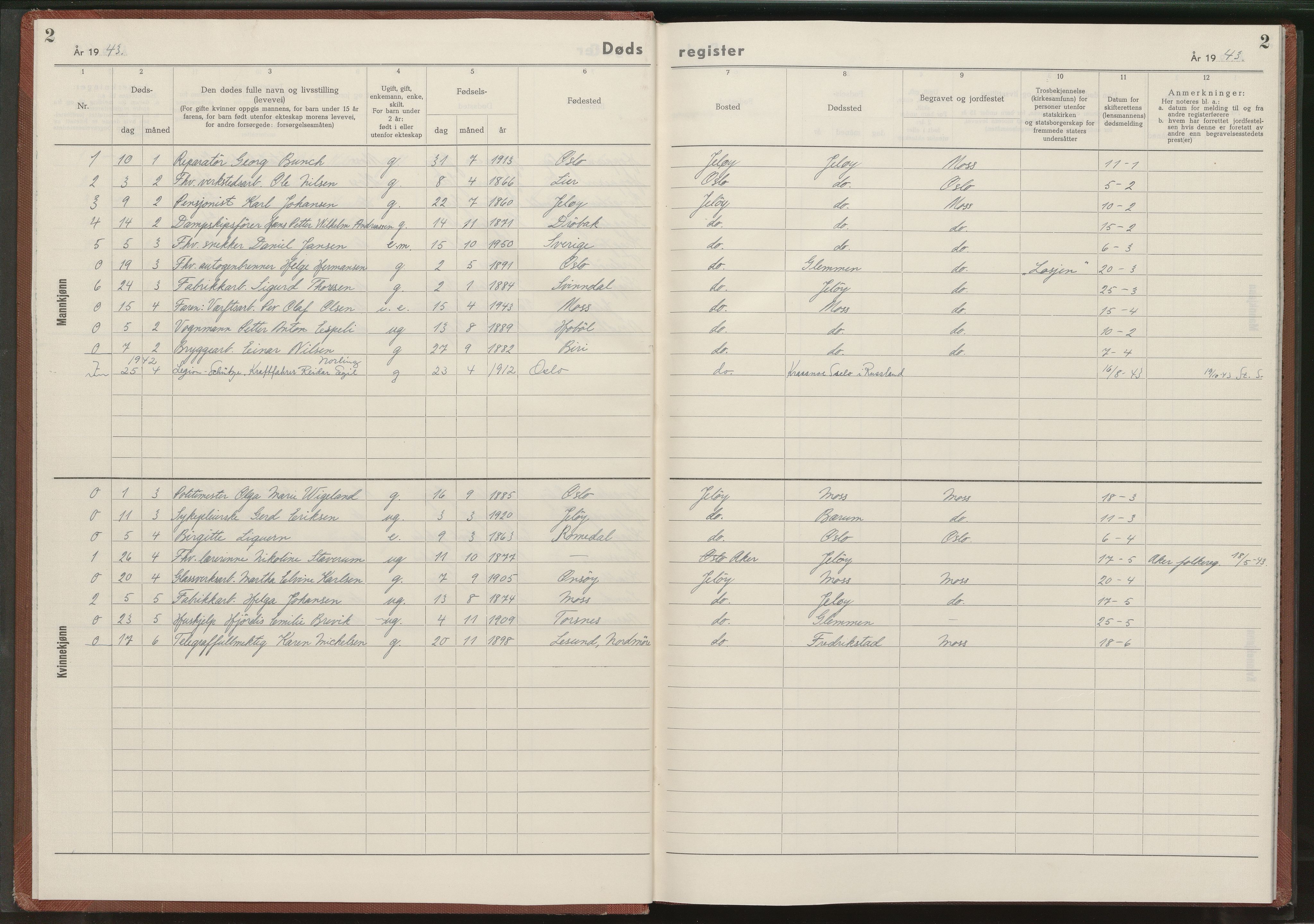 Moss folkeregister, AV/SAO-A-10020/L/Lb/L0003: Dødsfallsregister, 1942-1943