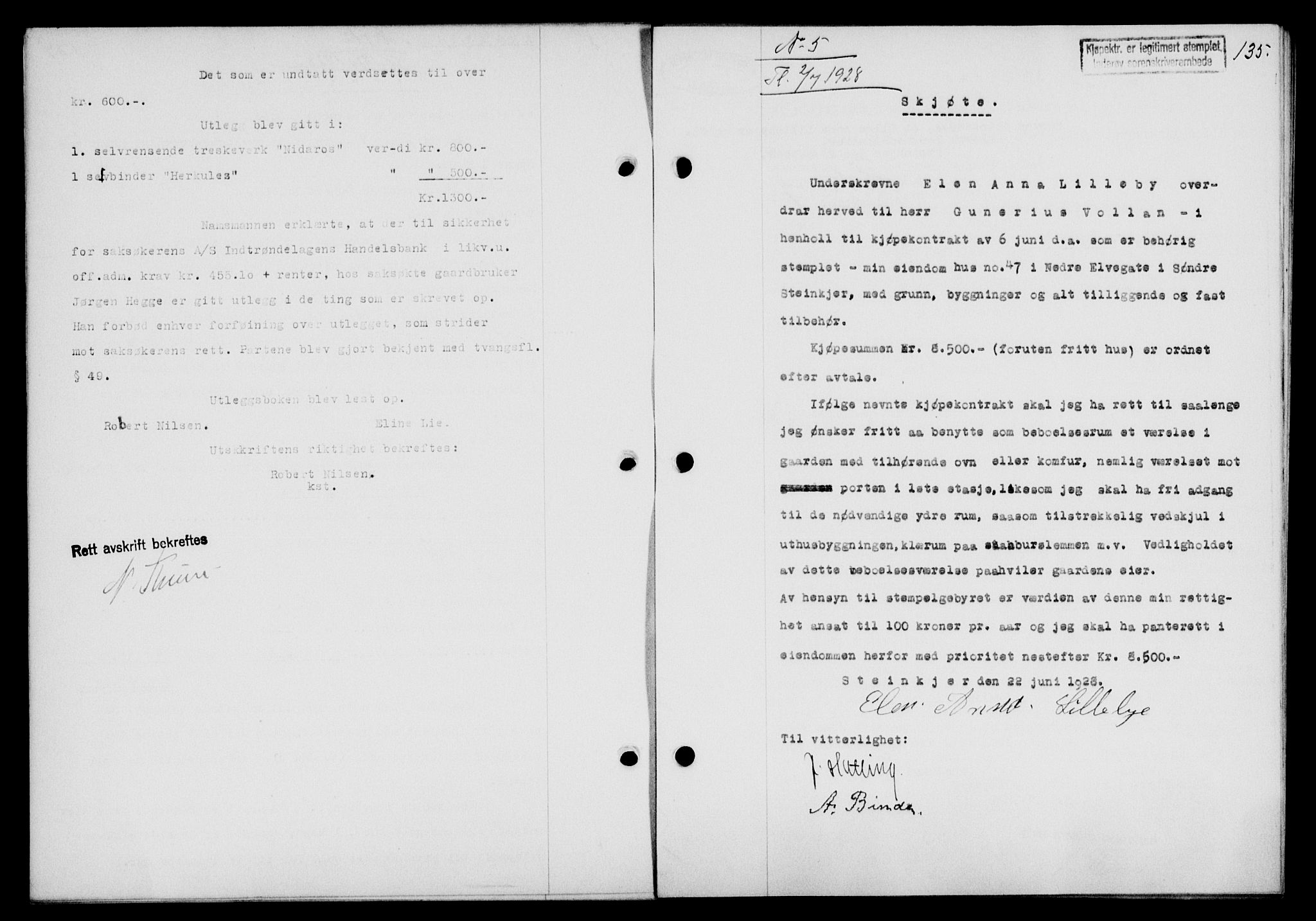 Inderøy sorenskriveri, SAT/A-4147/1/2/2C/L0065: Pantebok nr. 51, 1928-1928, Tingl.dato: 02.07.1928