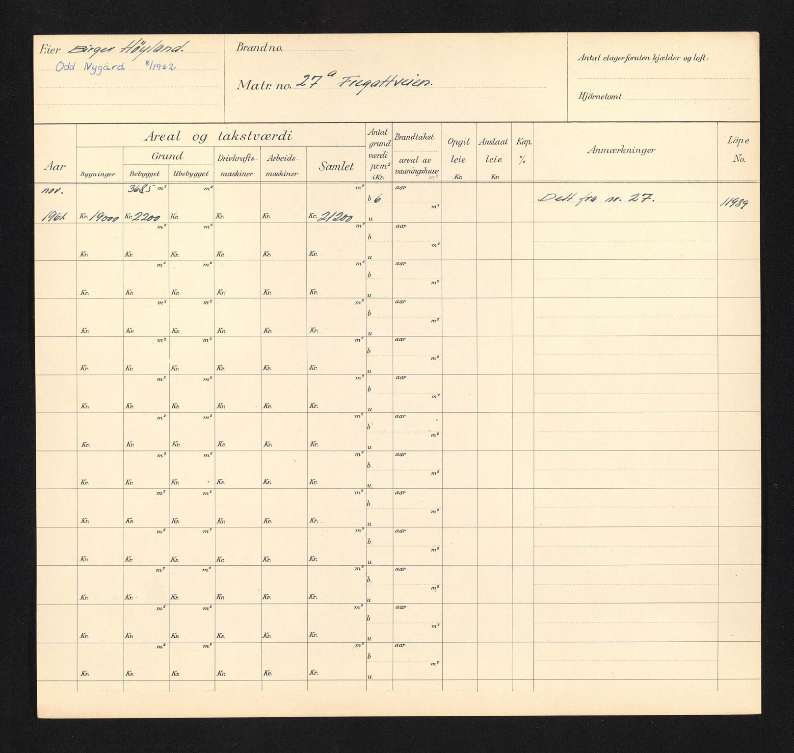 Stavanger kommune. Skattetakstvesenet, BYST/A-0440/F/Fa/Faa/L0014/0005: Skattetakstkort / Fregattveien 27 - Fridtjof Nansens vei 66