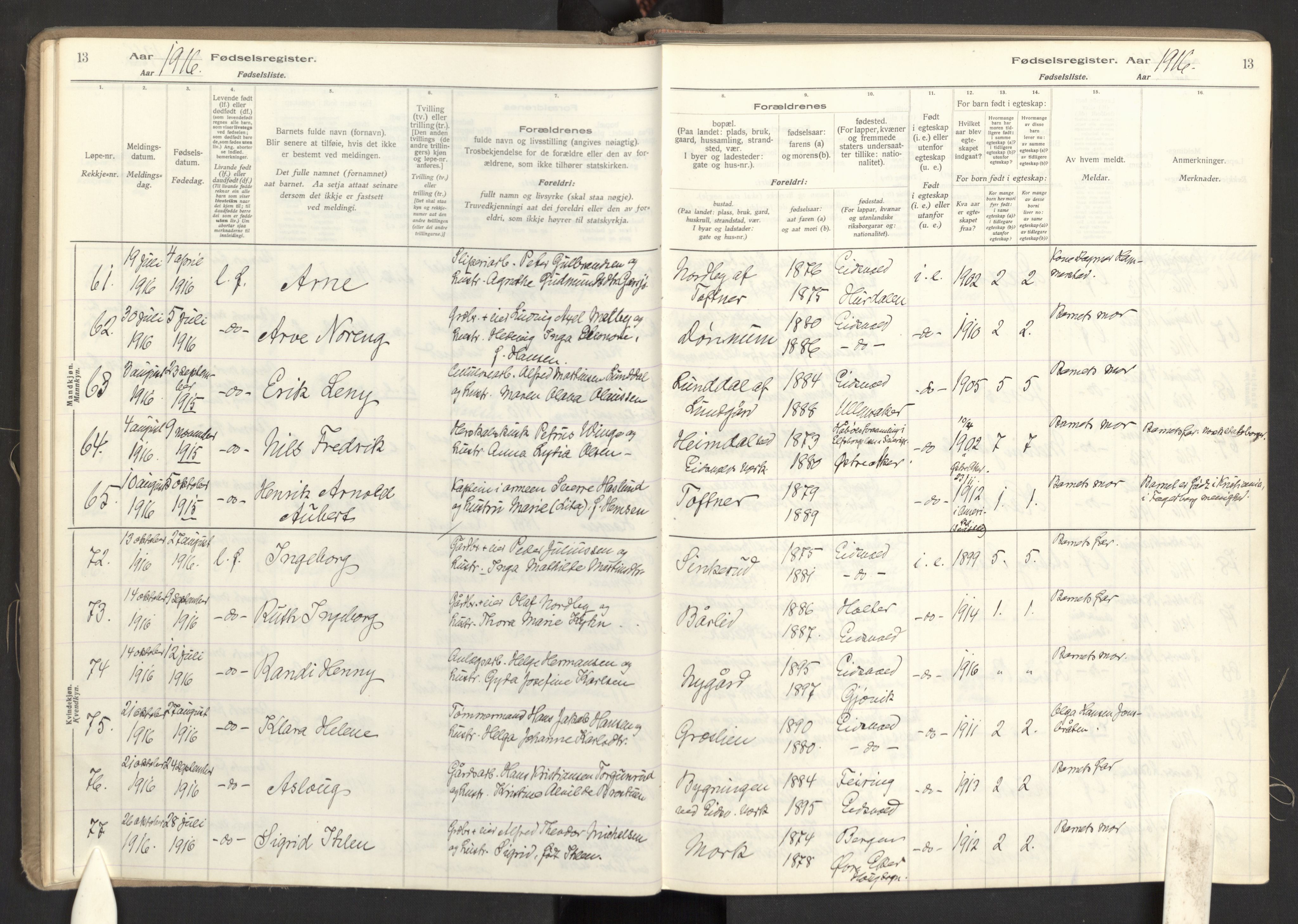 Eidsvoll prestekontor Kirkebøker, SAO/A-10888: Fødselsregister nr. I 1, 1916-1924, s. 13