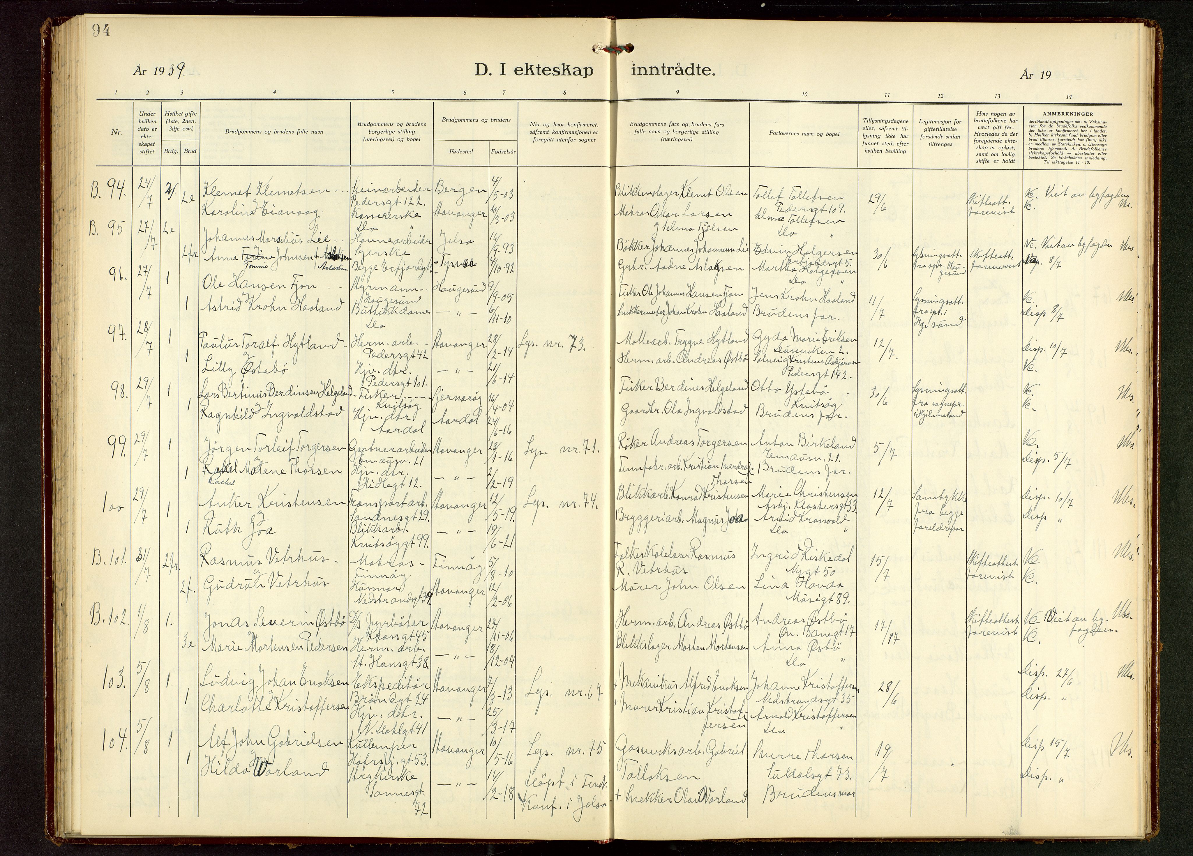 St. Johannes sokneprestkontor, SAST/A-101814/001/30/30BB/L0010: Klokkerbok nr. B 10, 1933-1946, s. 94