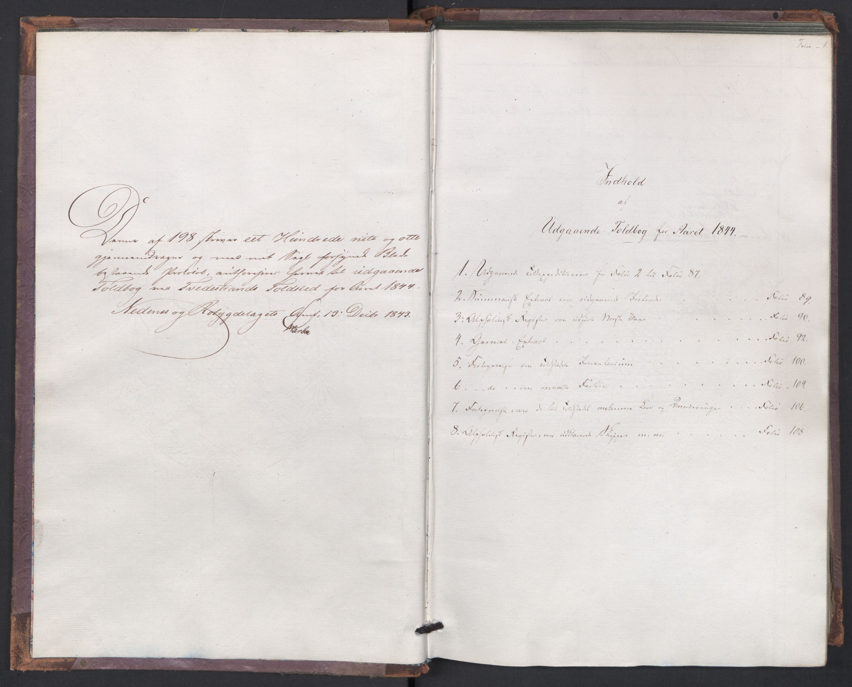 Revisjonsdepartementet, 2. revisjonskontor, AV/RA-S-1115/E/E028/L0130: Tvedestrand: Utgående tollbok, 1844