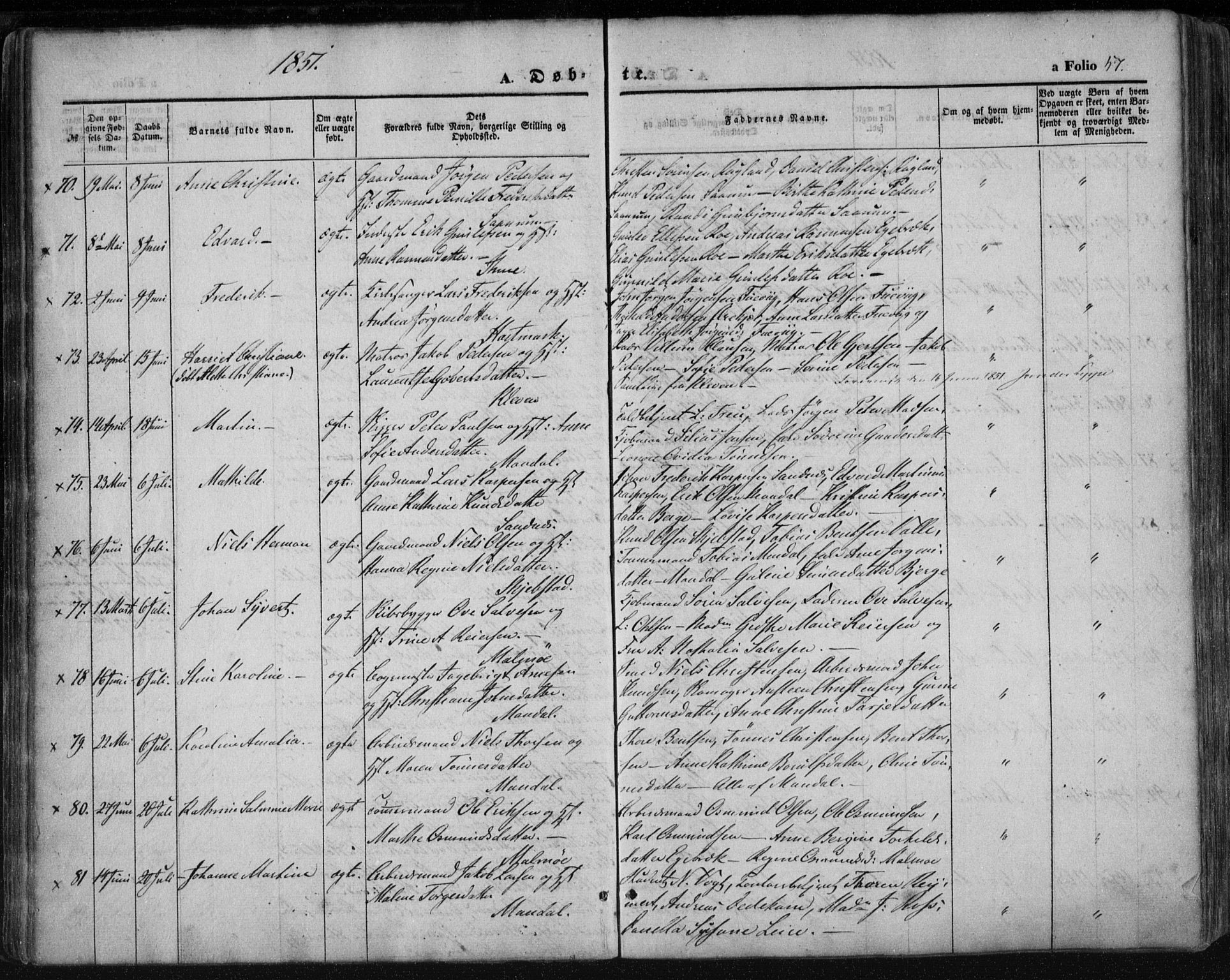Mandal sokneprestkontor, AV/SAK-1111-0030/F/Fa/Faa/L0013: Ministerialbok nr. A 13, 1847-1859, s. 57
