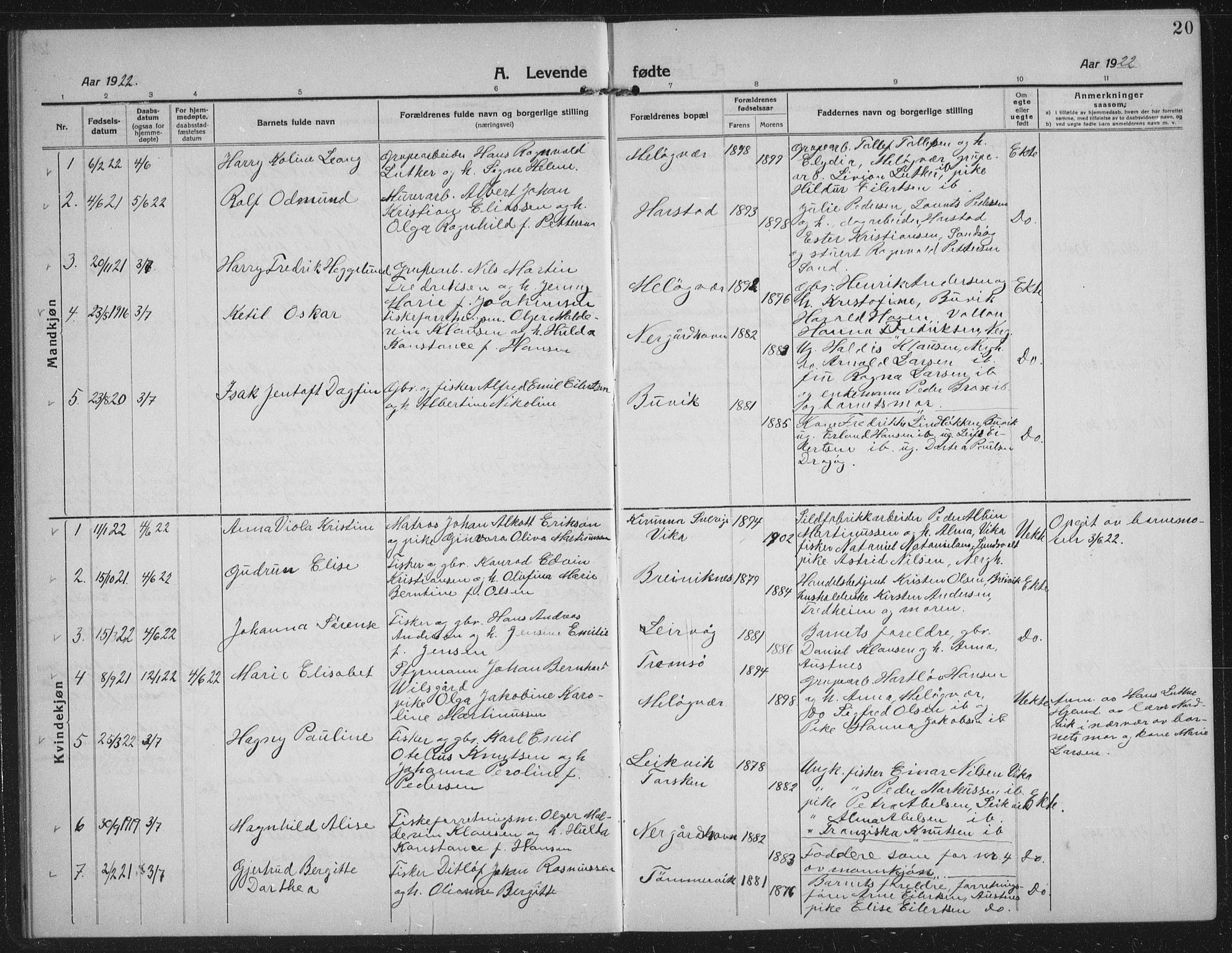 Sand/Bjarkøy sokneprestkontor, AV/SATØ-S-0811/I/Ia/Iab/L0005klokker: Klokkerbok nr. 5, 1919-1937, s. 20