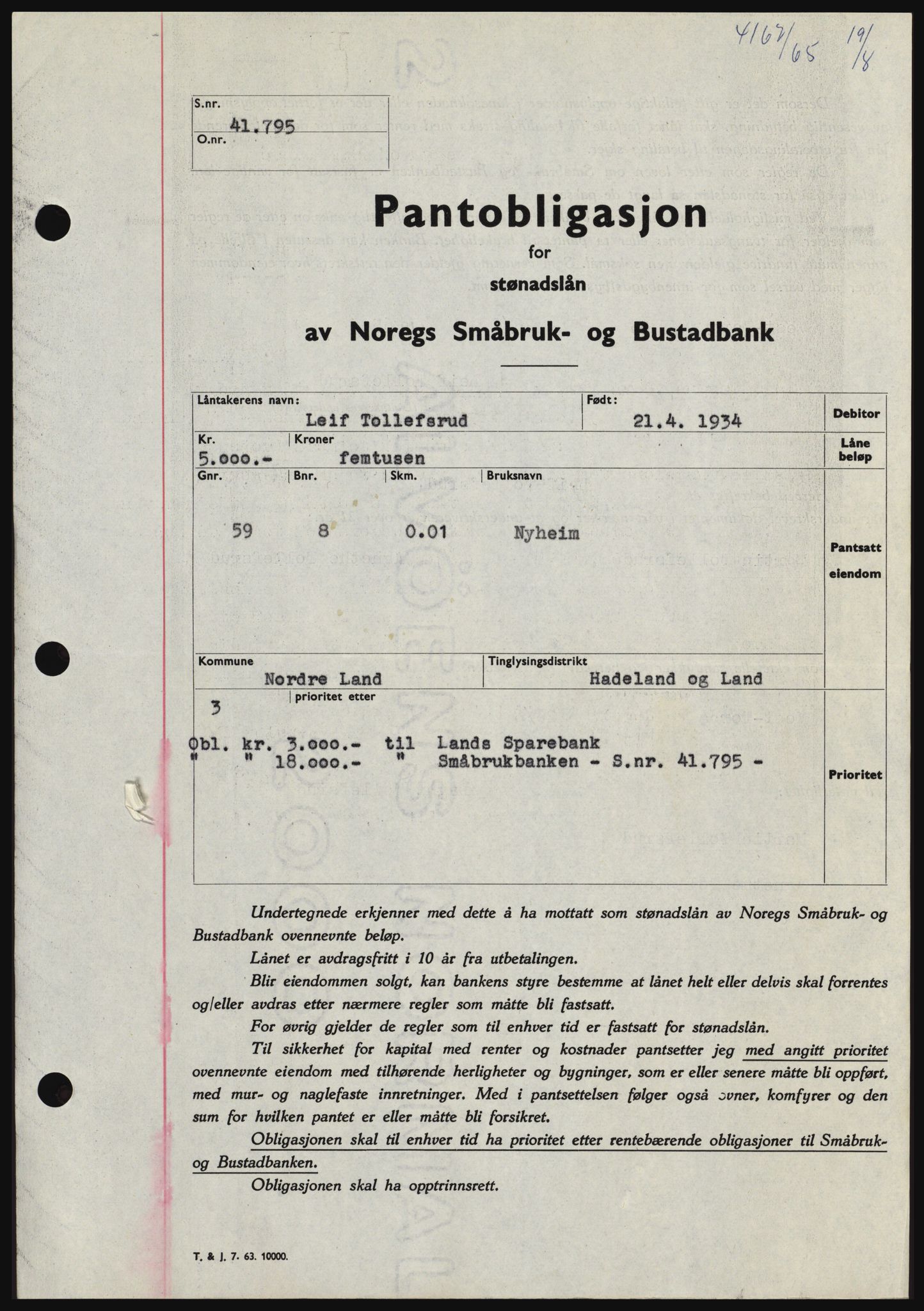 Hadeland og Land tingrett, SAH/TING-010/H/Hb/Hbc/L0060: Pantebok nr. B60, 1965-1965, Dagboknr: 4167/1965