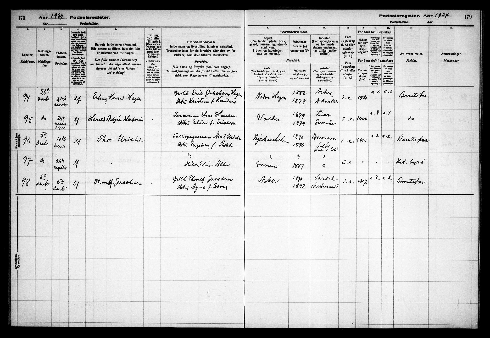 Asker prestekontor Kirkebøker, AV/SAO-A-10256a/J/L0001: Fødselsregister nr. 1, 1916-1925, s. 179