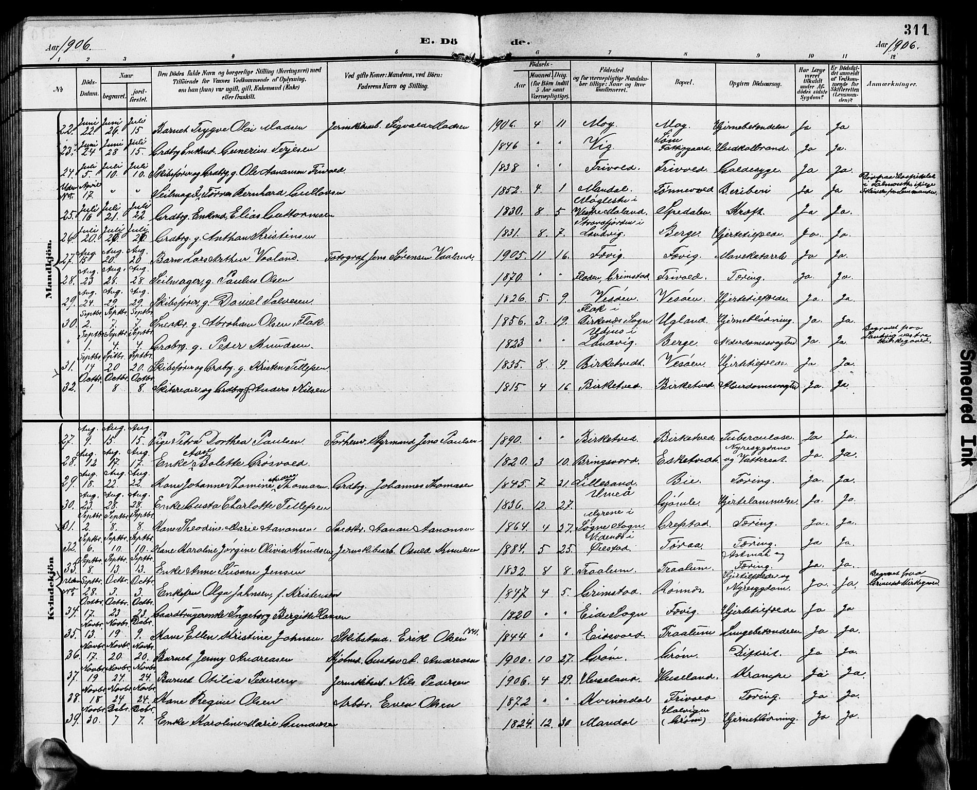 Fjære sokneprestkontor, AV/SAK-1111-0011/F/Fb/L0012: Klokkerbok nr. B 12, 1902-1925, s. 311