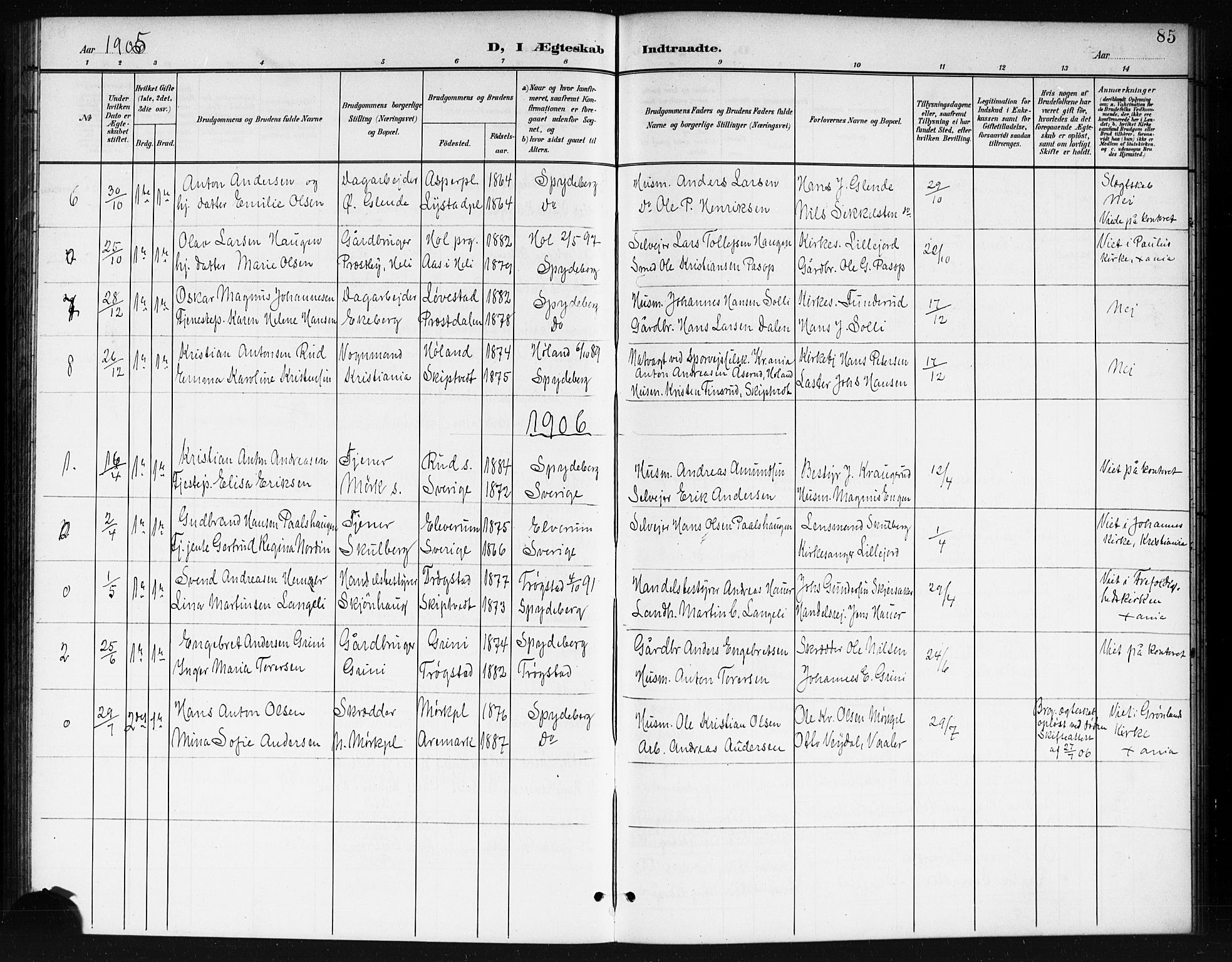Spydeberg prestekontor Kirkebøker, AV/SAO-A-10924/G/Ga/L0002: Klokkerbok nr. I 2, 1901-1922, s. 85