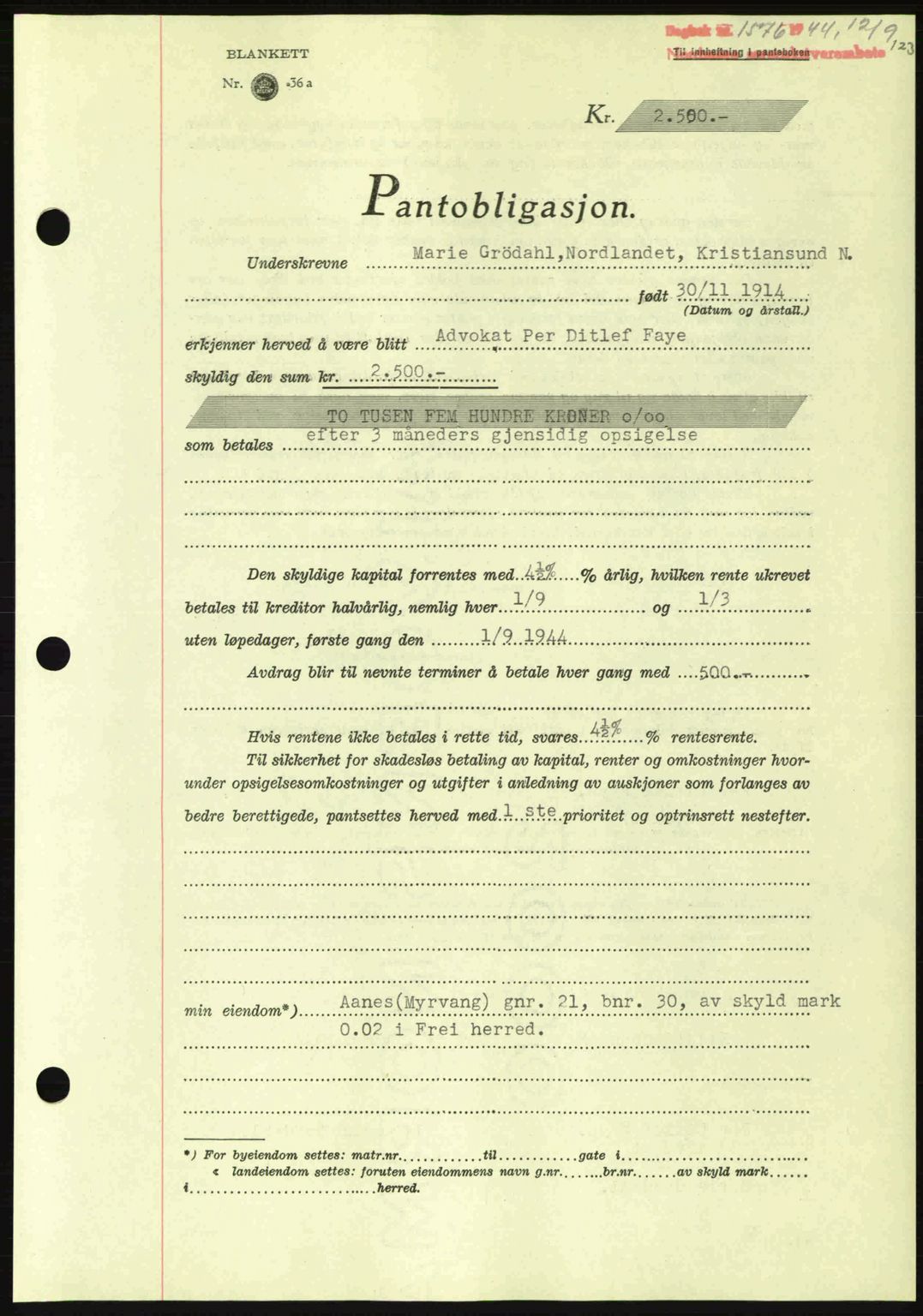 Nordmøre sorenskriveri, AV/SAT-A-4132/1/2/2Ca: Pantebok nr. B92, 1944-1945, Dagboknr: 1576/1944