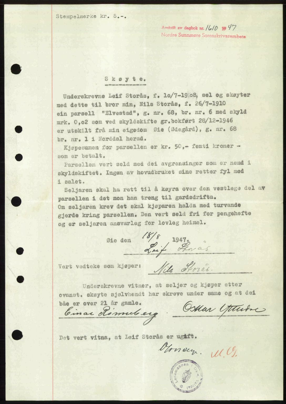 Nordre Sunnmøre sorenskriveri, AV/SAT-A-0006/1/2/2C/2Ca: Pantebok nr. A25, 1947-1947, Dagboknr: 1610/1947