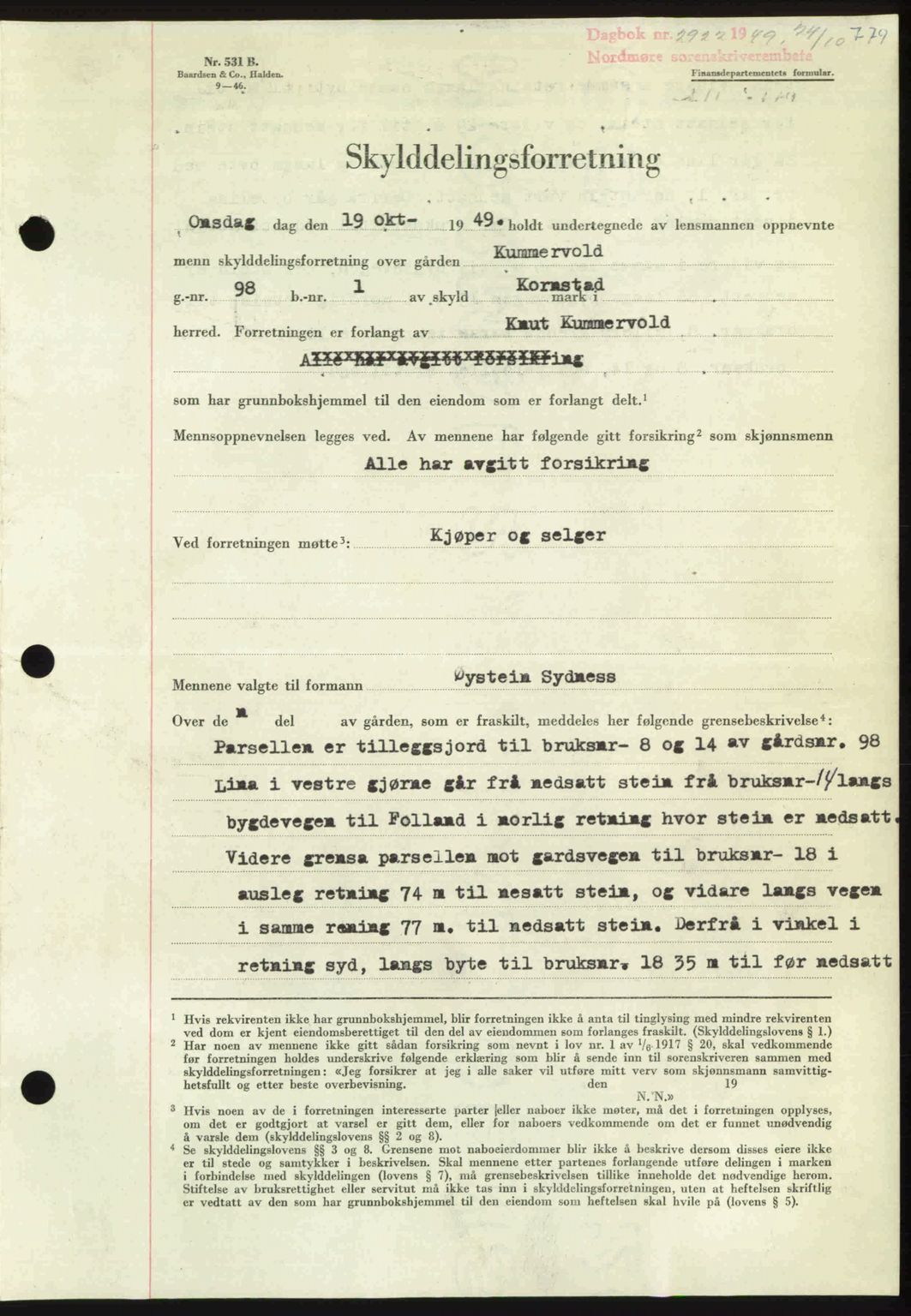 Nordmøre sorenskriveri, AV/SAT-A-4132/1/2/2Ca: Pantebok nr. A112, 1949-1949, Dagboknr: 2922/1949