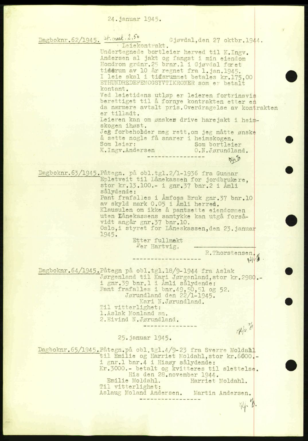 Nedenes sorenskriveri, SAK/1221-0006/G/Gb/Gba/L0052: Pantebok nr. A6a, 1944-1945, Dagboknr: 62/1945