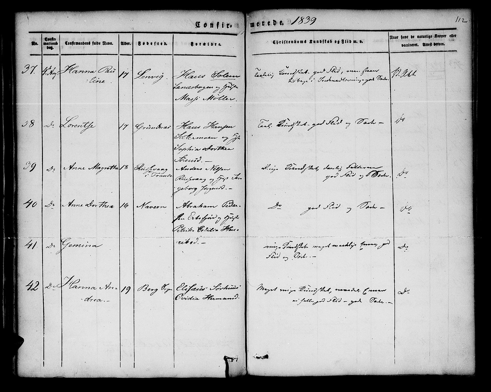 Lenvik sokneprestembete, AV/SATØ-S-1310/H/Ha/Haa/L0004kirke: Ministerialbok nr. 4, 1832-1844, s. 112