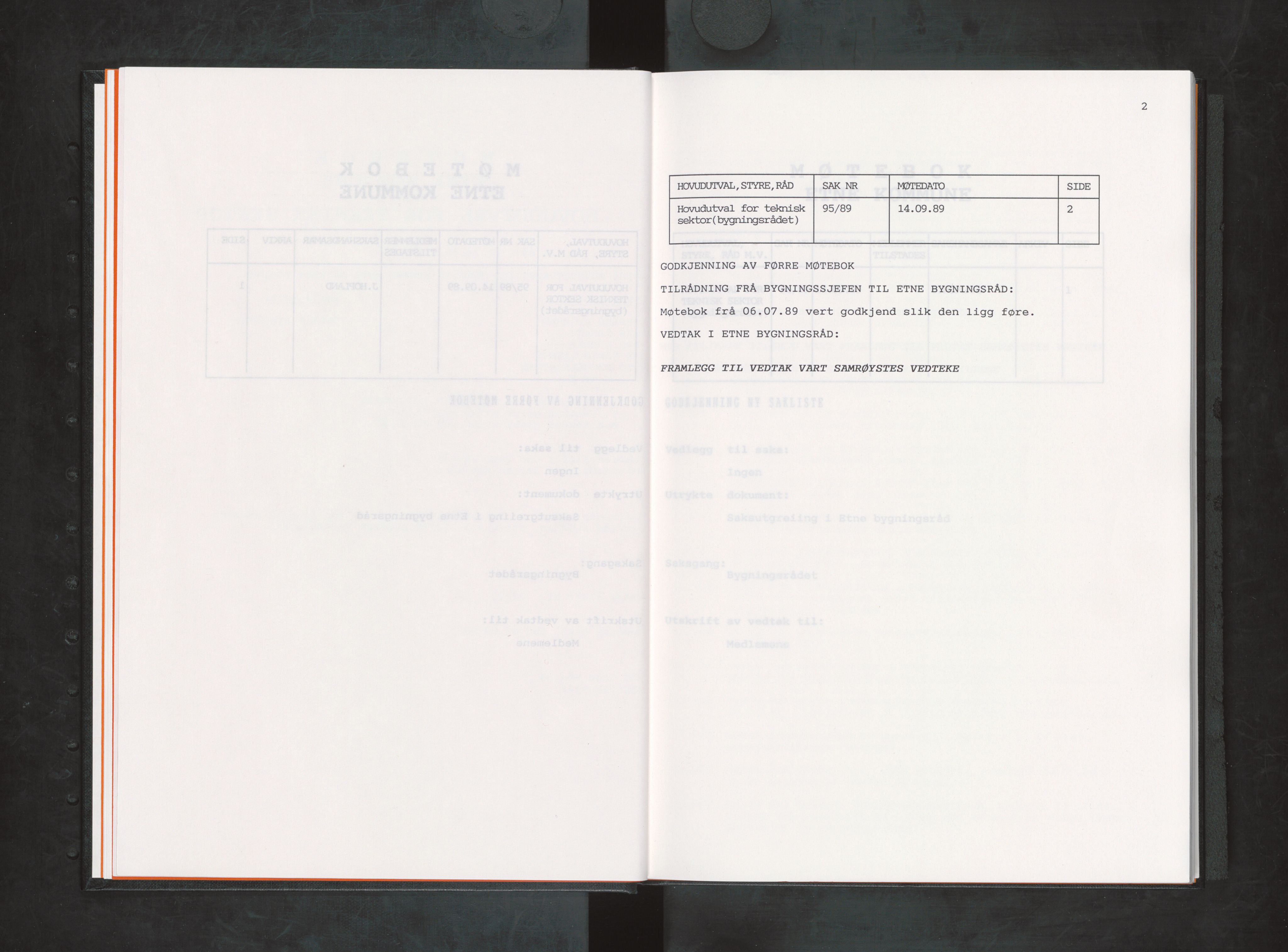 Etne kommune. Bygningsrådet, IKAH/1211-511/A/Aa/L0042: Møtebok Etne bygningsråd II, 1989